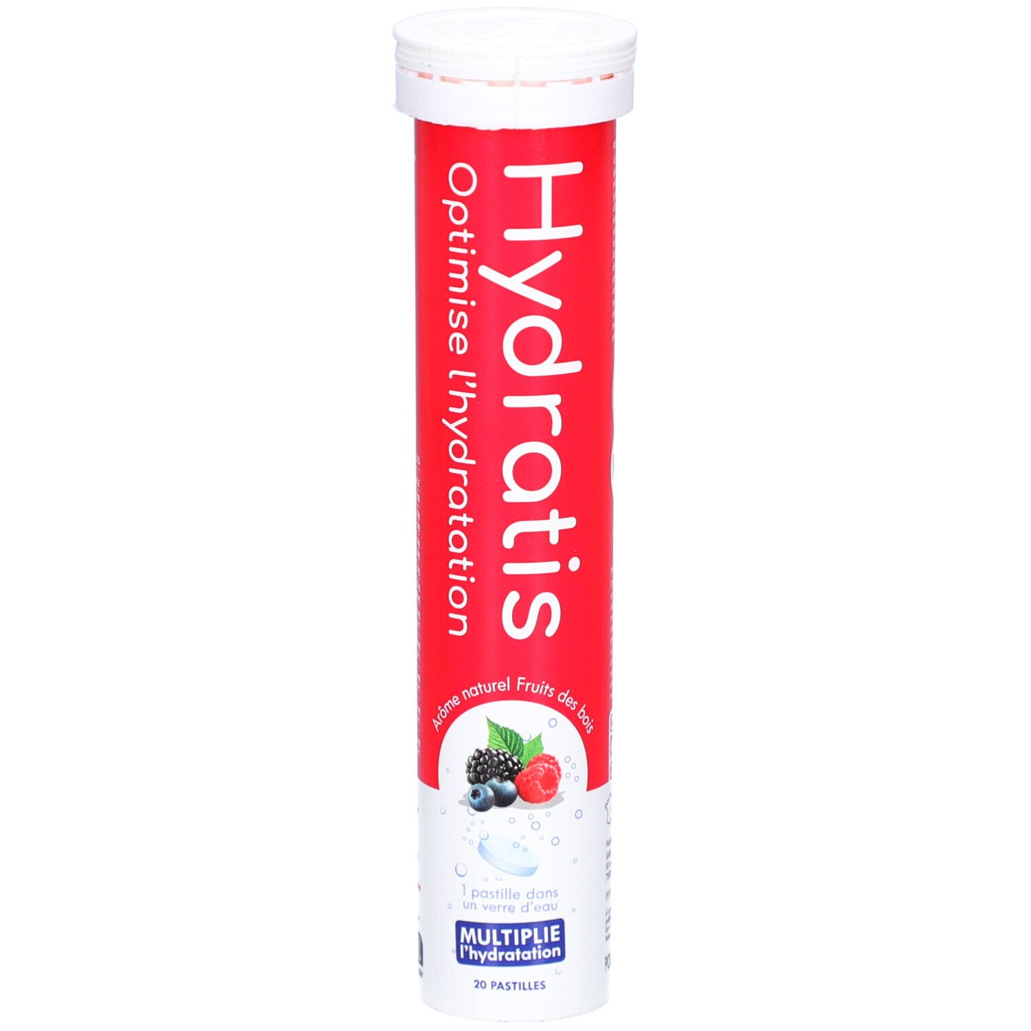Tube rouge avec bouchon blanc. Inscription "Hydratis" et "Optimise l'hydratation". Illustration de fruits rouges.