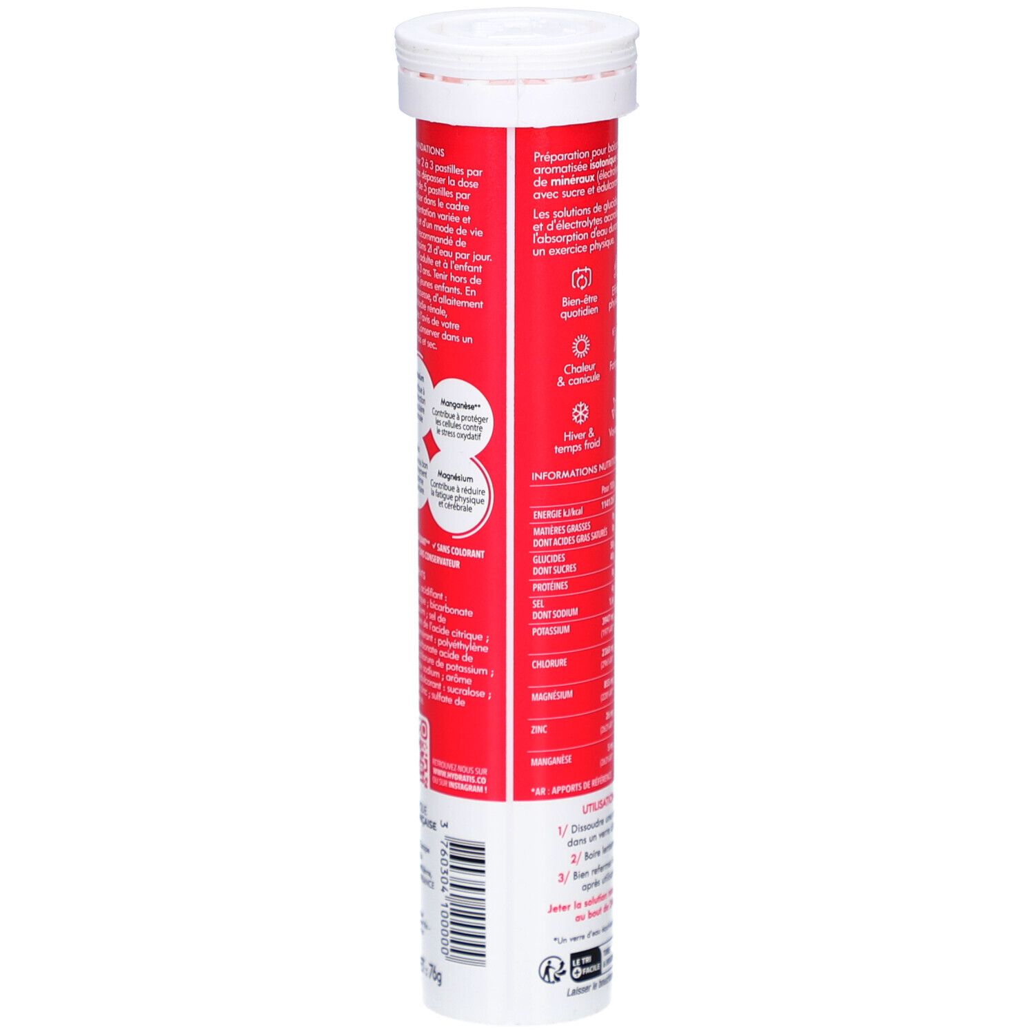 Tube rouge avec bouchon blanc. Dos avec informations. Texte en français.