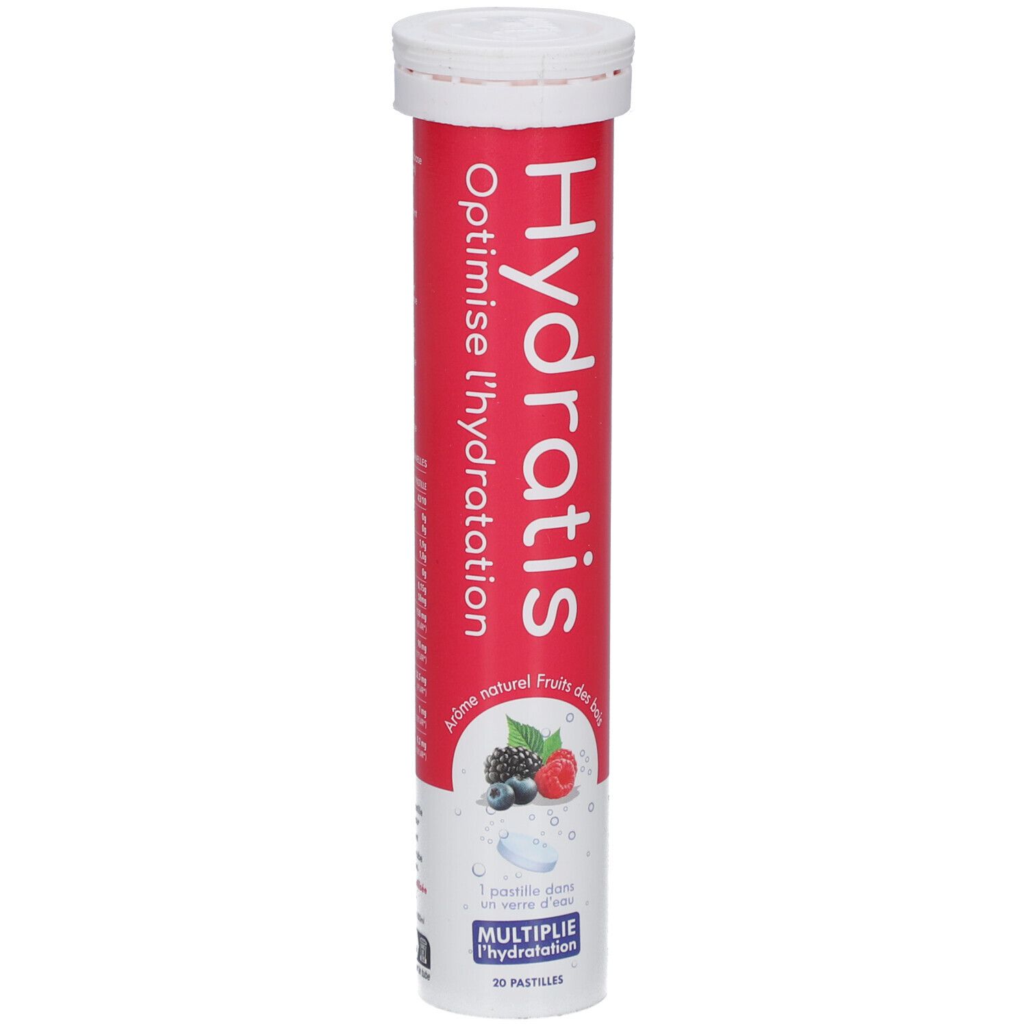 Tube rouge avec bouchon blanc. Inscription "Hydratis" et "Optimise l'hydratation". Illustration de fruits rouges.