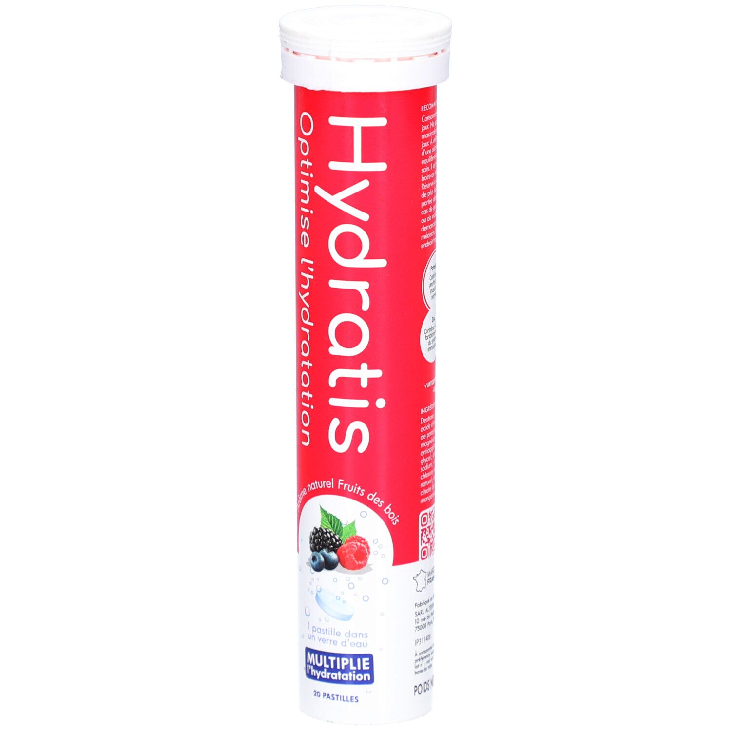 Tube rouge avec bouchon blanc. Inscription "Hydratis" et "Optimise l'hydratation". Illustration de fruits rouges.