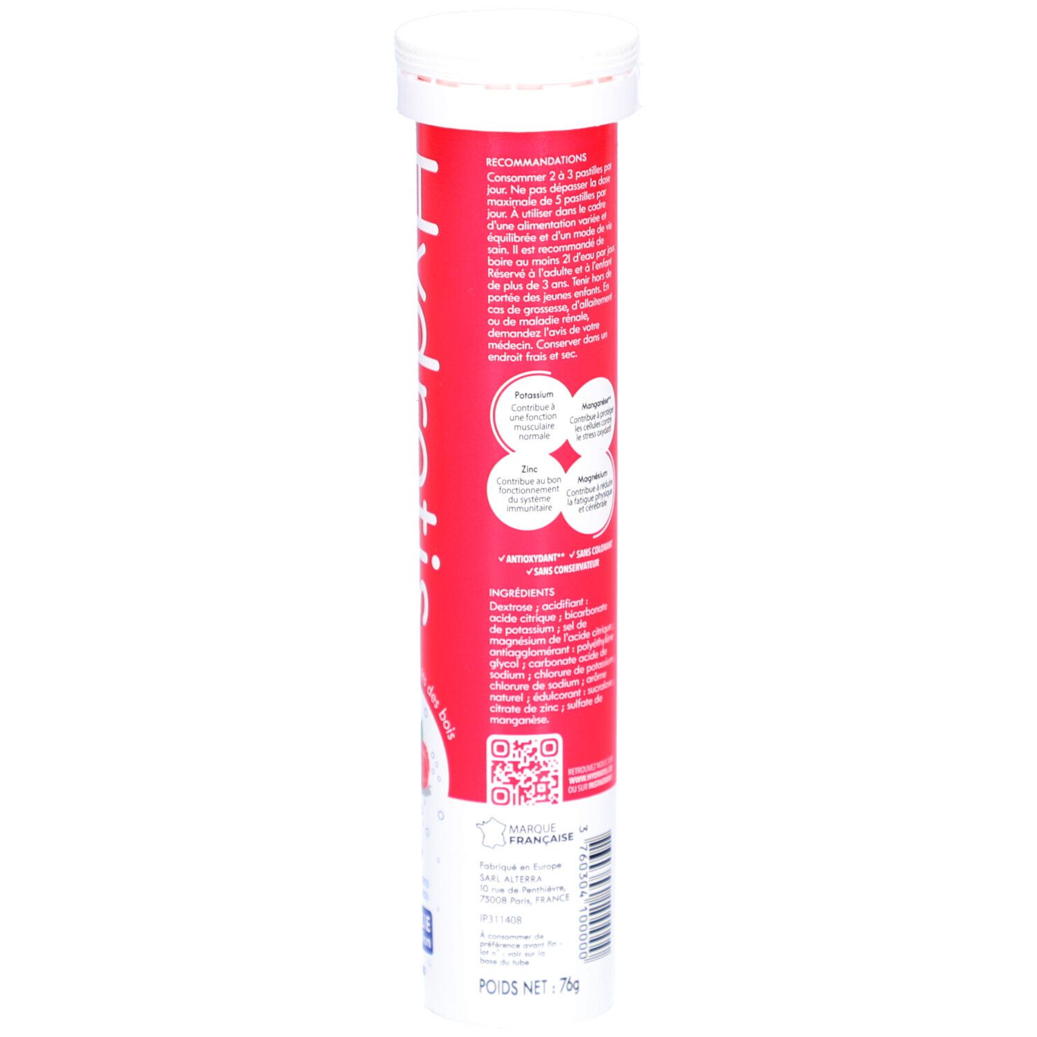 Tube rouge avec bouchon blanc. Dos avec recommandations et ingrédients. Texte en français.