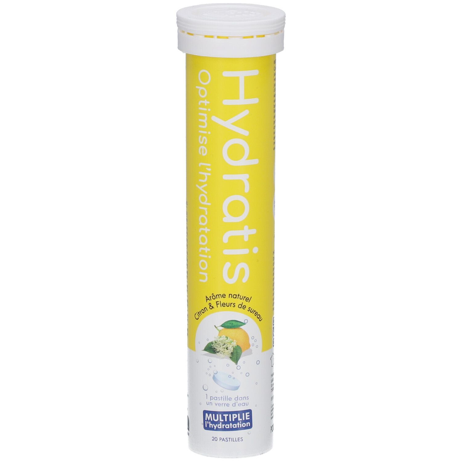 Tube cylindrique jaune. Inscription: Hydratis, Optimise l'hydratation. Arôme citron & fleur de sureau. 20 pastilles.