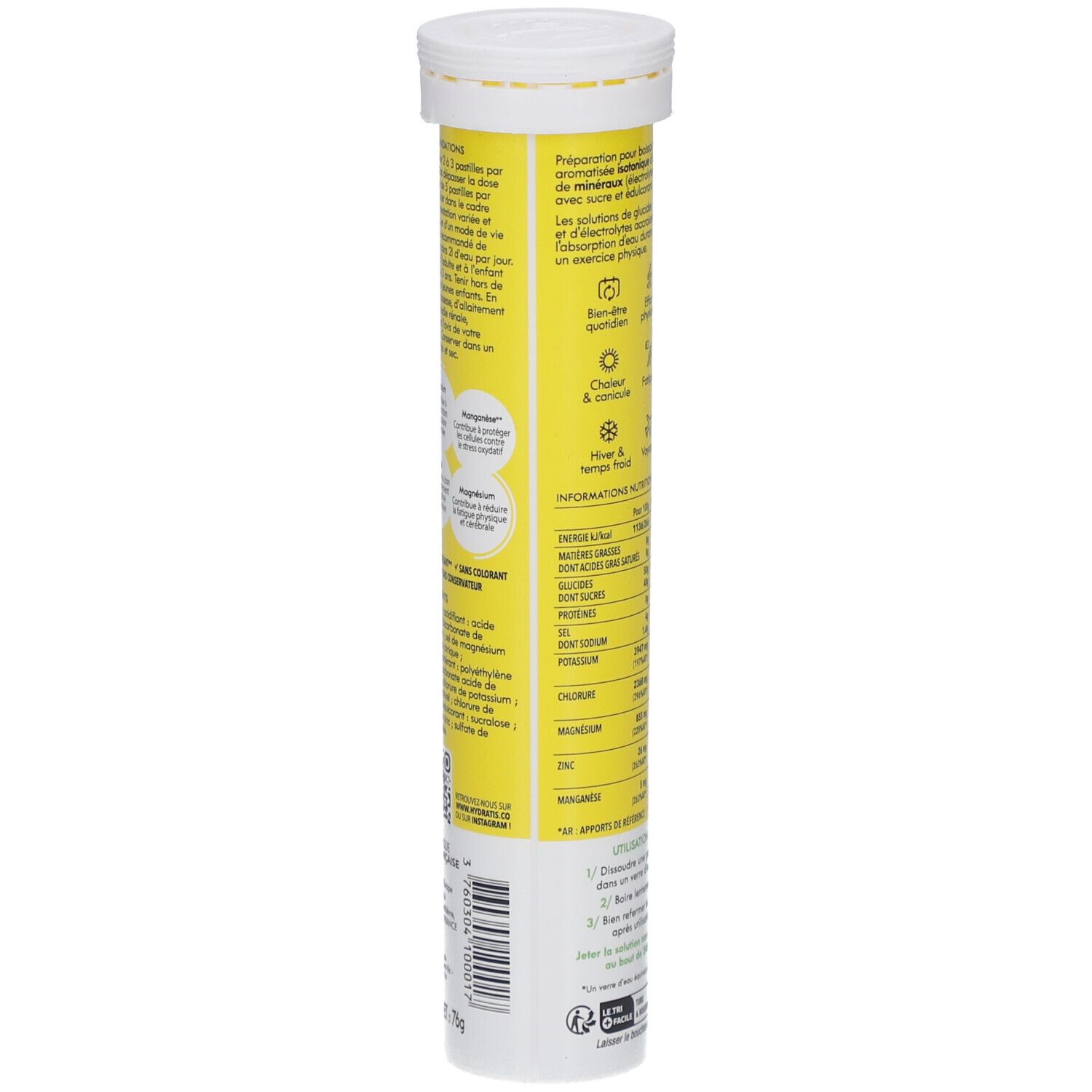 Tube jaune avec texte. Texte: Préparation pour boisson isotonique. Informations sur ingrédients et utilisation.