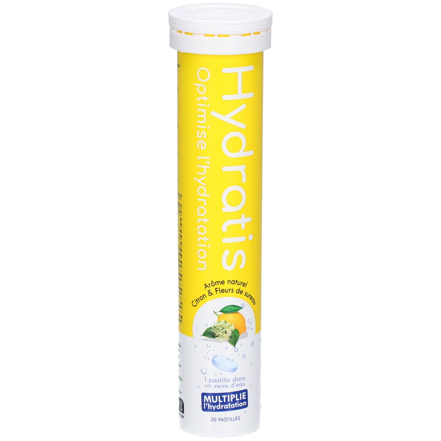 Tube jaune avec inscription: Hydratis, Optimise l'hydratation. Citron & fleur de sureau. 20 pastilles.