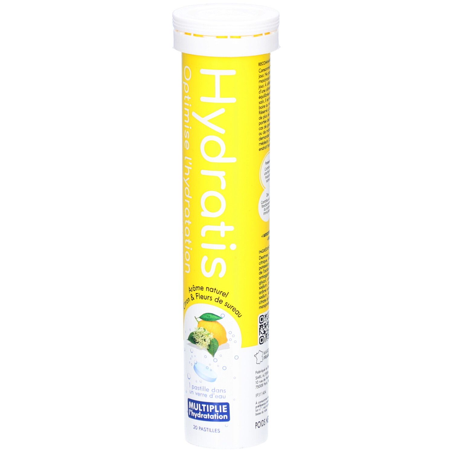 Tube jaune avec texte. Texte: Hydratis, Optimise l'hydratation. Citron & fleur de sureau. Code QR.