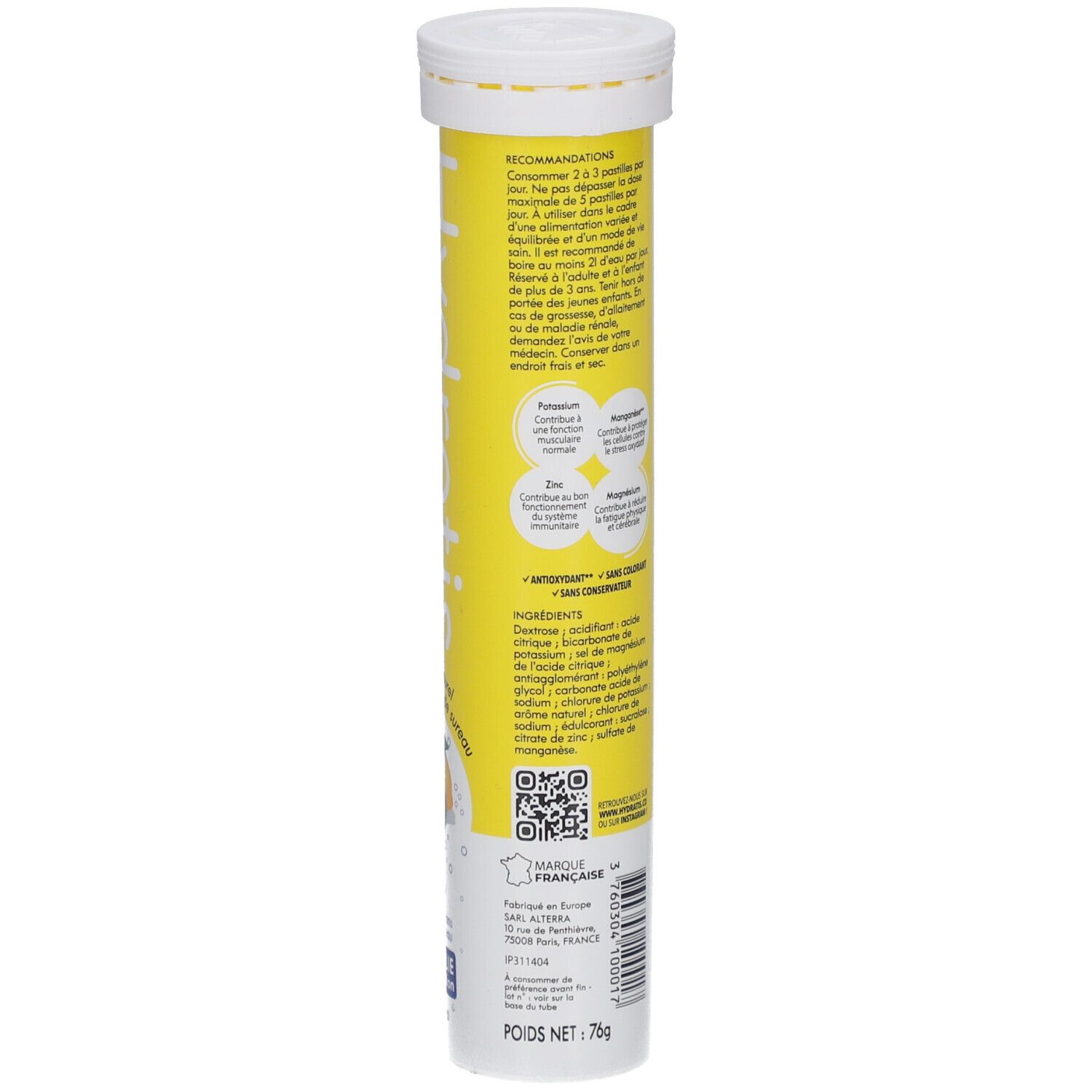 Tube jaune avec texte. Texte: Recommandations, ingrédients, code QR, origine. Poids net 78g.
