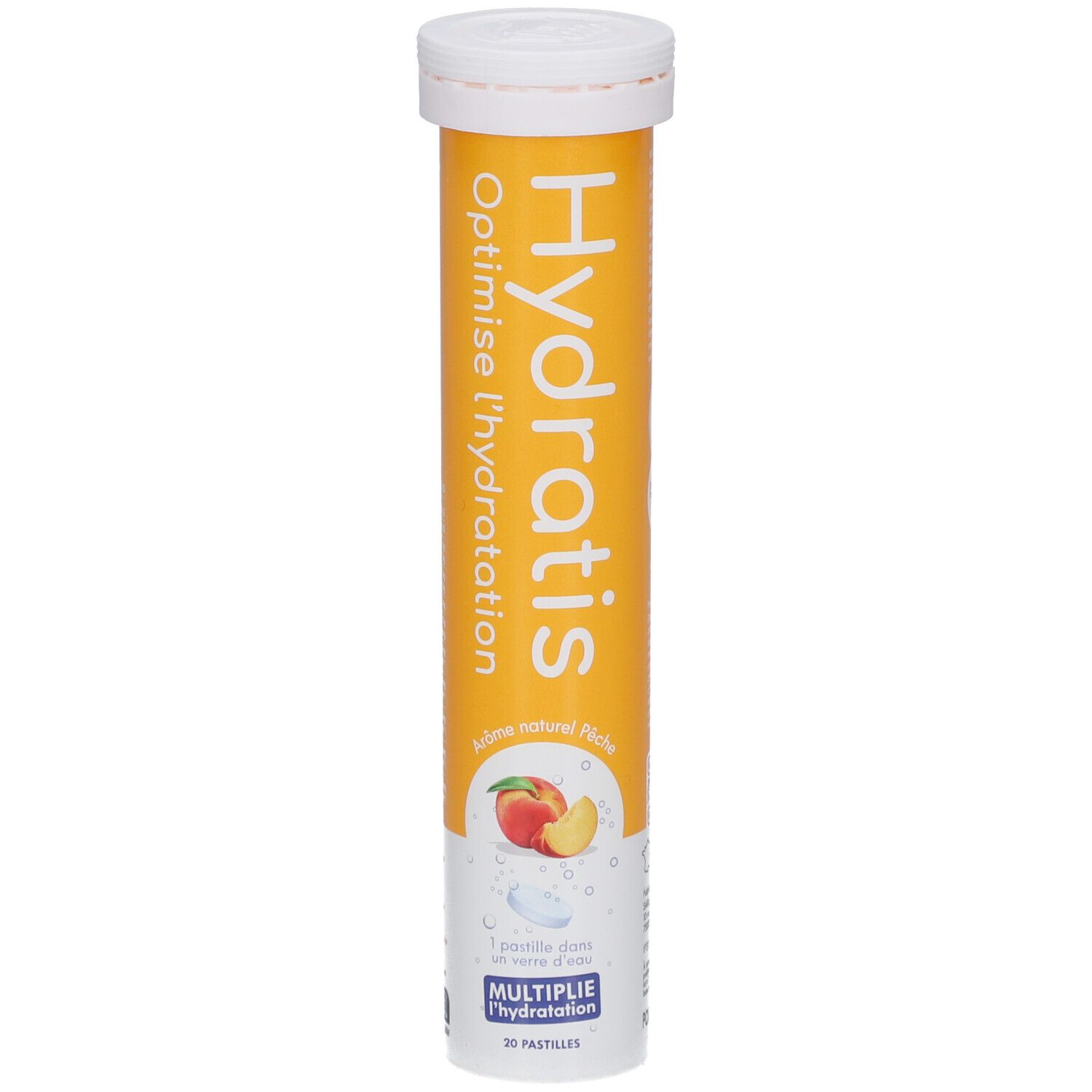 Tube cylindrique avec bouchon blanc. Inscription: Hydratis, Optimise l'hydratation. Illustration: pêche. 20 pastilles.