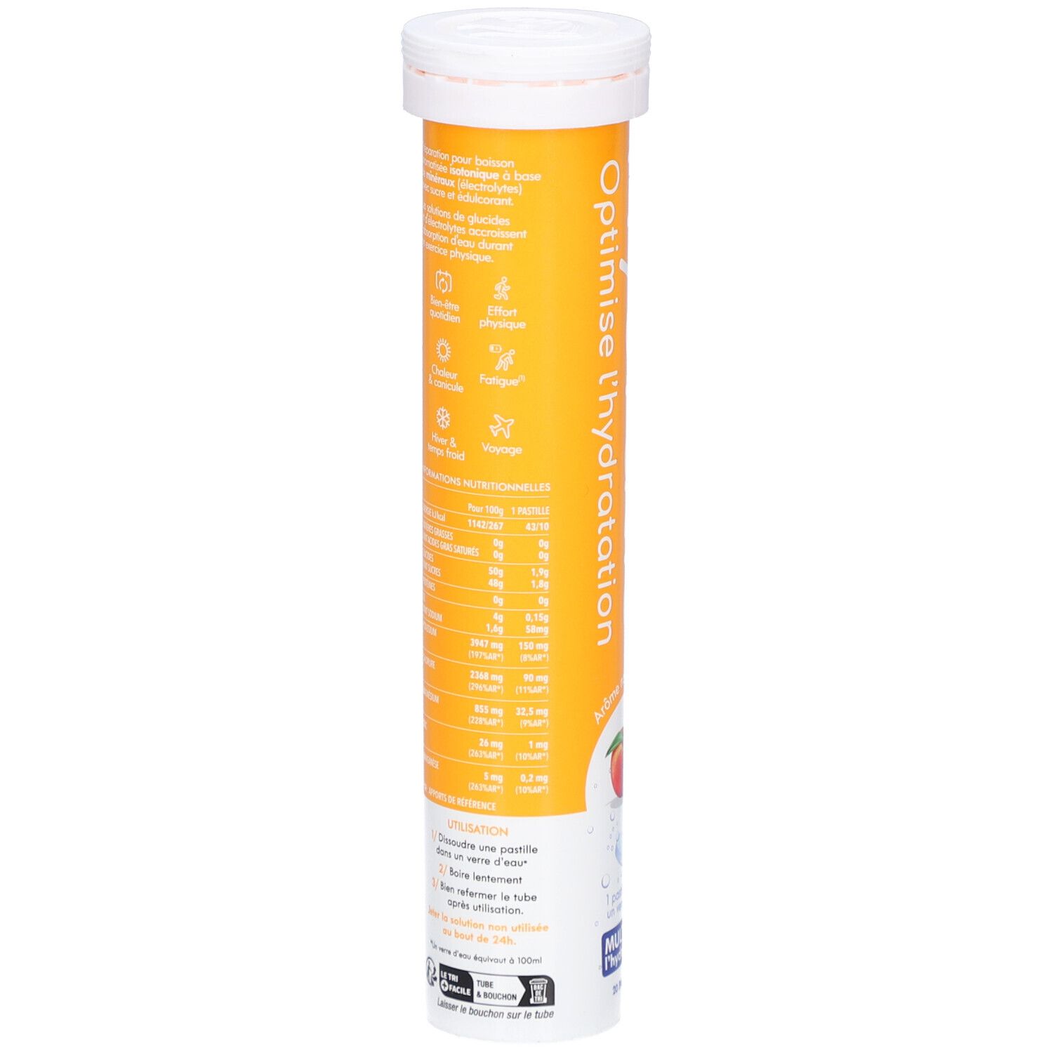 Tube cylindrique. Verso avec texte et informations nutritionnelles. Inscription: Optimise l'hydratation. Informations sur les ingrédients.