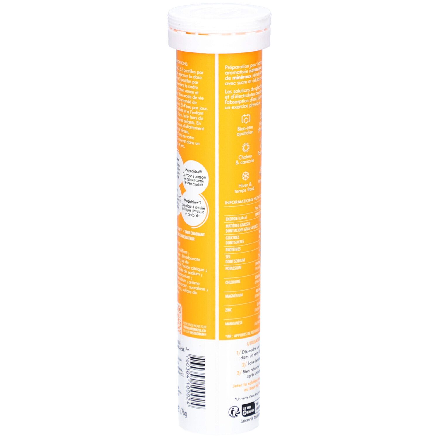 Tube cylindrique. Verso avec texte et icônes. Inscription: Optimise l'hydratation. Informations sur les ingrédients et l'utilisation.