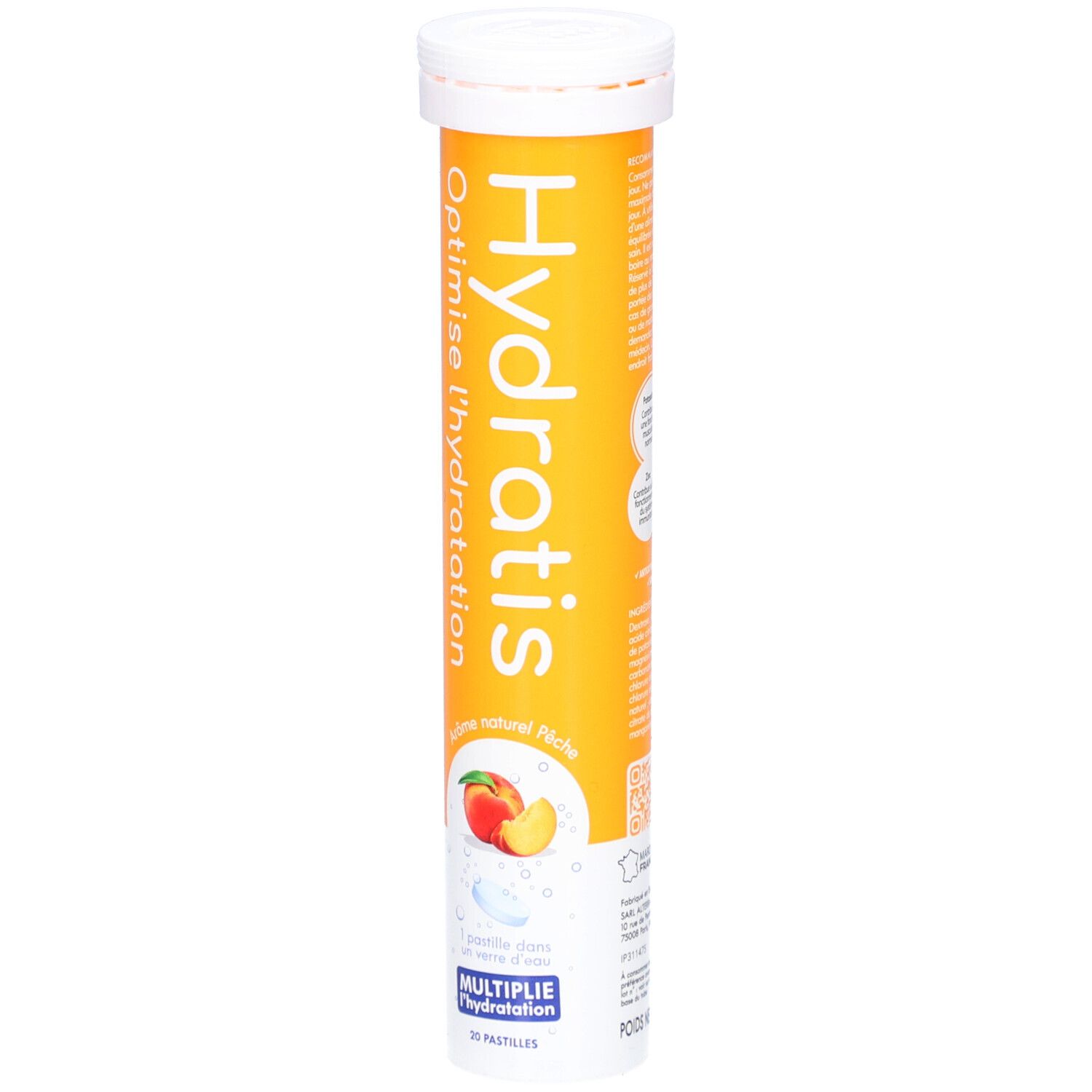 Tube cylindrique avec bouchon blanc. Inscription: Hydratis, Optimise l'hydratation. Illustration: pêche. 20 pastilles.