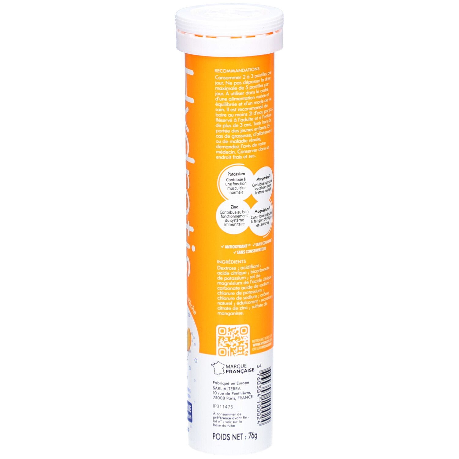 Tube cylindrique. Verso avec texte, QR code et logo. Inscription: Optimise l'hydratation. Informations sur les ingrédients.