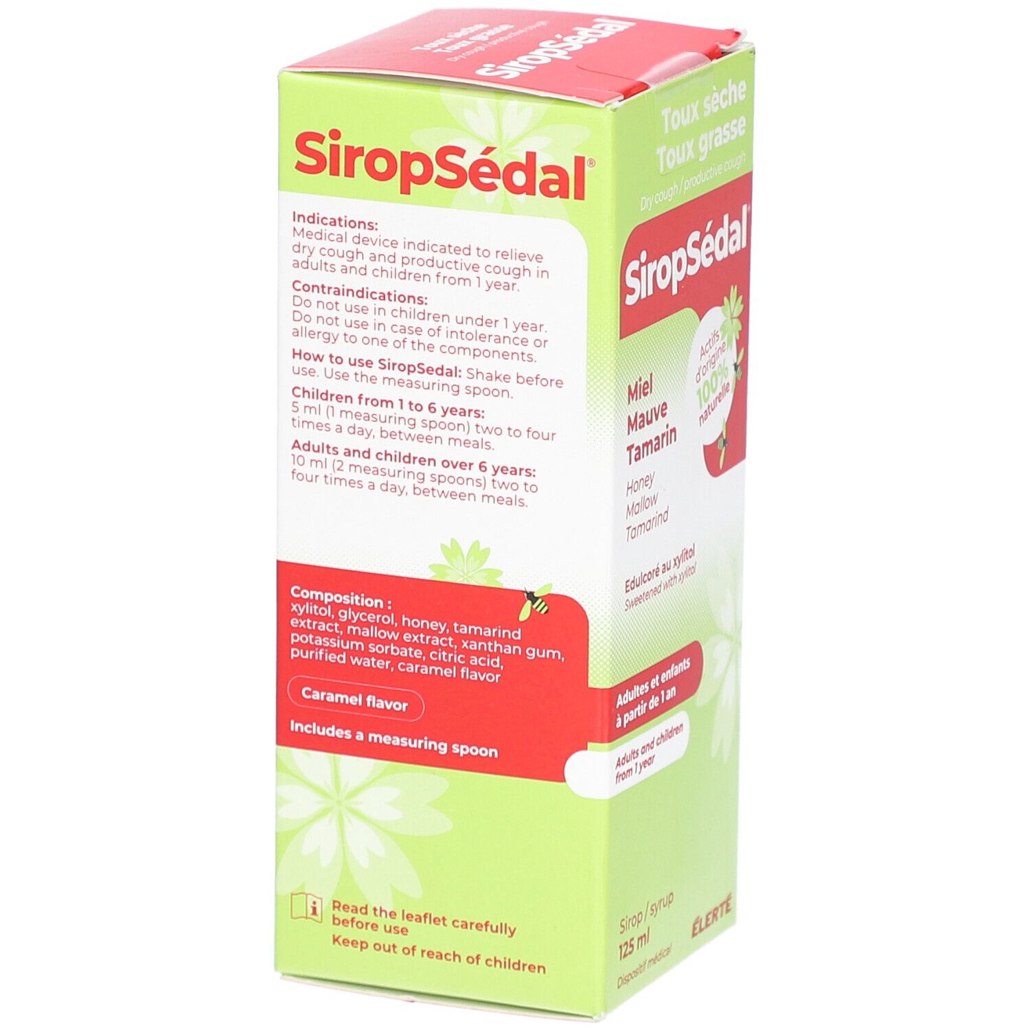 Dos de la boîte SiropSédal. Contient des informations sur les indications, l'utilisation et les ingrédients. Comprend une cuillère-mesure.