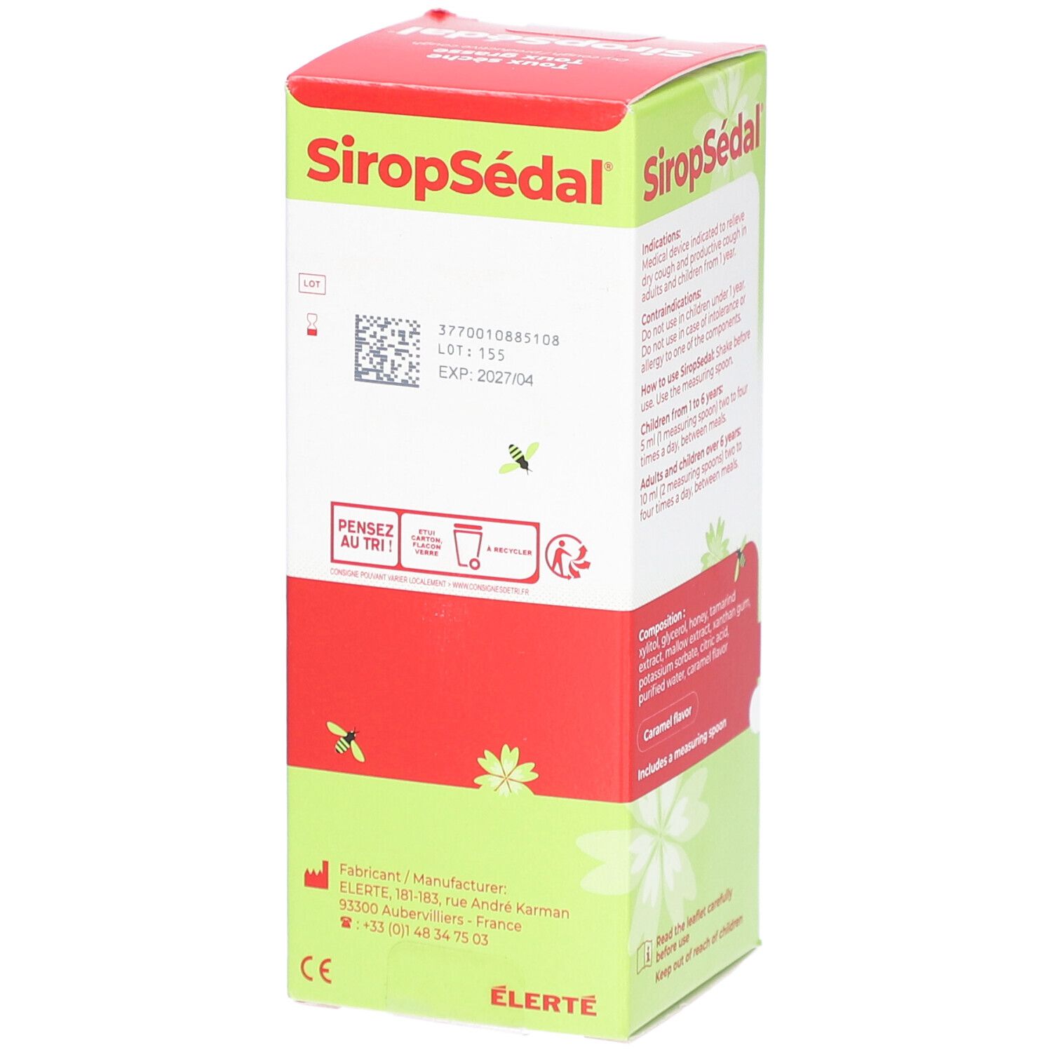 Boîte SiropSédal, vue latérale. Contient des informations telles que le numéro de lot, la date de péremption et les coordonnées du fabricant.