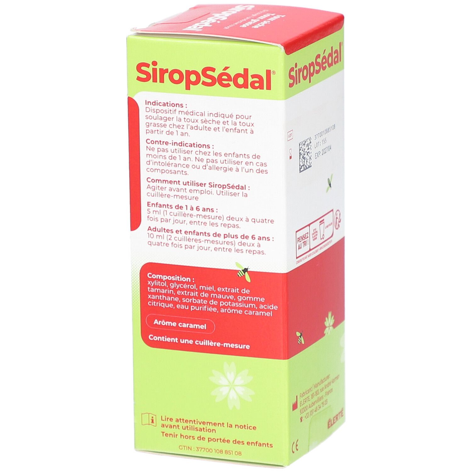 Vue latérale de la boîte SiropSédal. Contient des informations sur les indications, l'utilisation et les ingrédients. Comprend une cuillère-mesure.