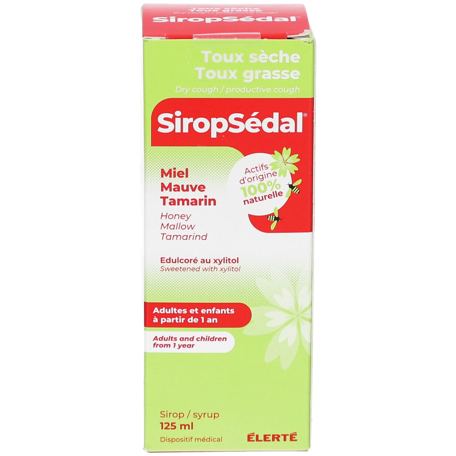 Boîte SiropSédal, vue de face. Affiche le nom du produit, les ingrédients et les accents verts. Texte : Toux, à partir de 1 an.