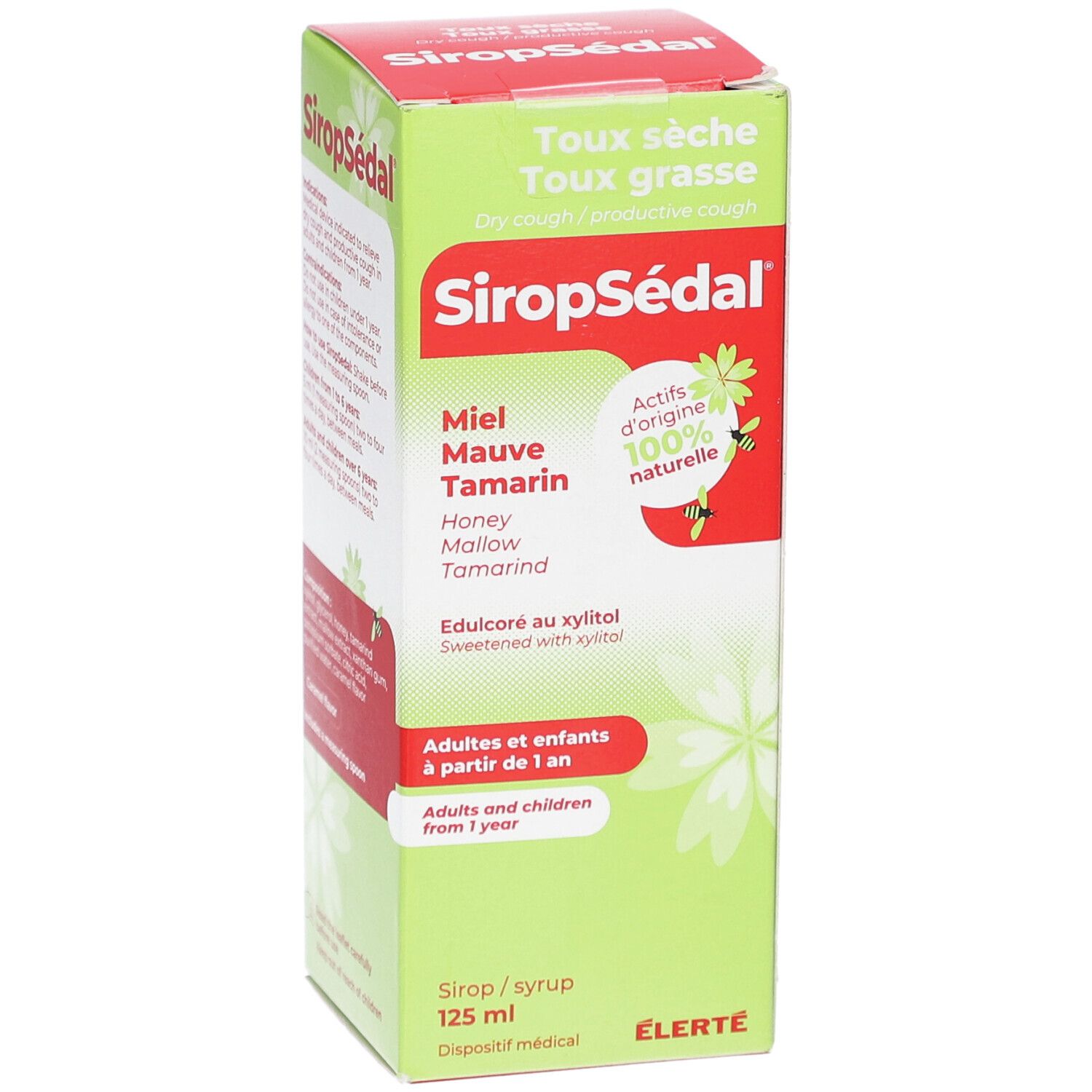 Boîte SiropSédal, vue de face. Affiche le nom du produit, les ingrédients et les accents verts. Texte : Toux, à partir de 1 an.