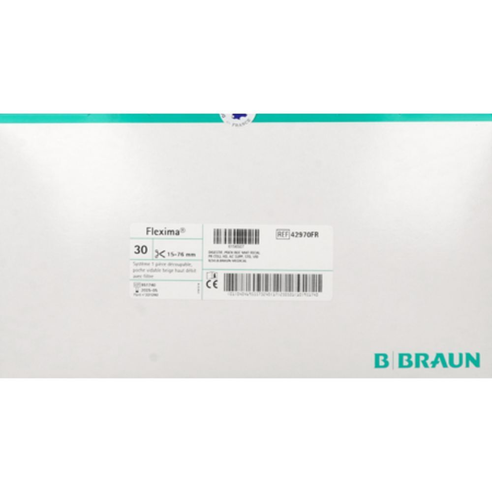 Emballage avec informations produit. Flexima, 30 unités, 15-76 mm. Logo B. Braun.