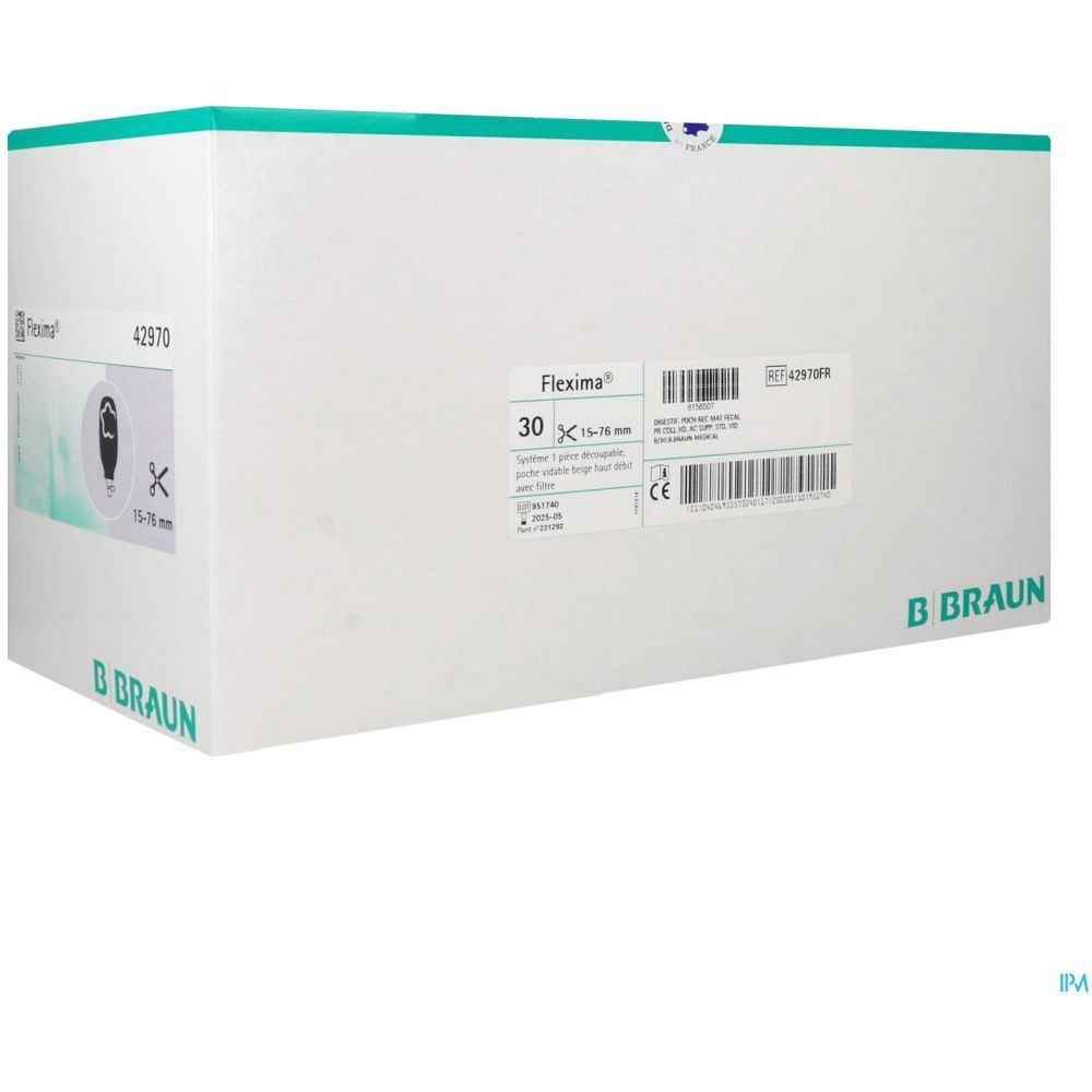 Emballage produit. Flexima, 30 unités, 15-76 mm. Logo B. Braun.