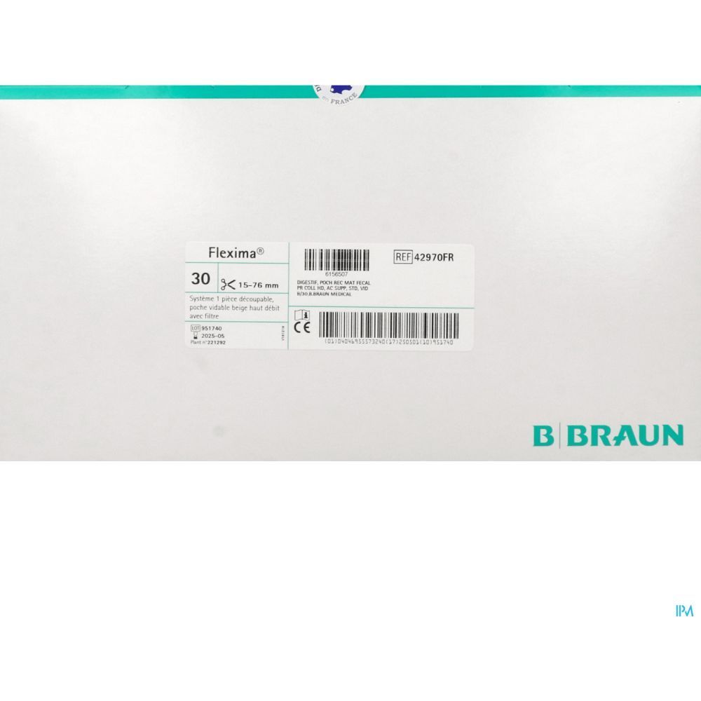 Emballage avec informations produit. Flexima, 30 unités, 15-76 mm. Logo B. Braun.