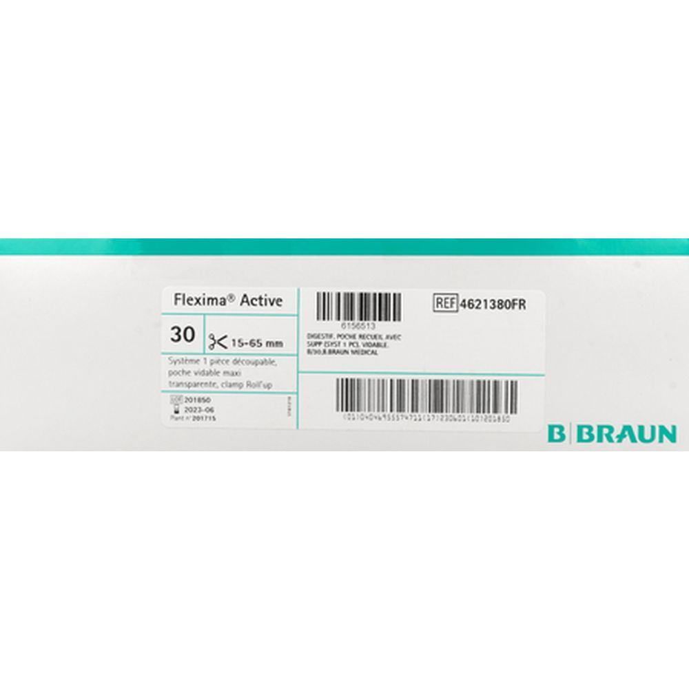 Boîte Flexima Active. 30 unités, 15-65 mm. Informations produit et référence. Logo B. Braun. Code-barres.