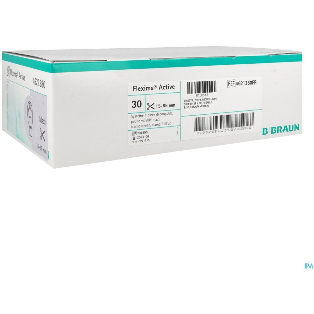 Boîte blanche Flexima Active. 30 unités, 15-65 mm. Logo B. Braun. Référence et code-barres.