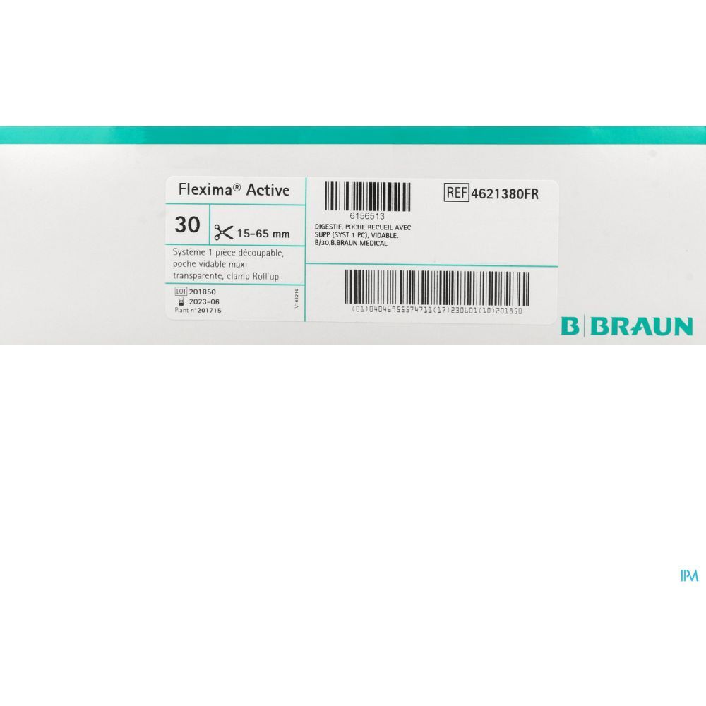 Boîte Flexima Active. 30 unités, 15-65 mm. Informations produit et référence. Logo B. Braun. Code-barres.