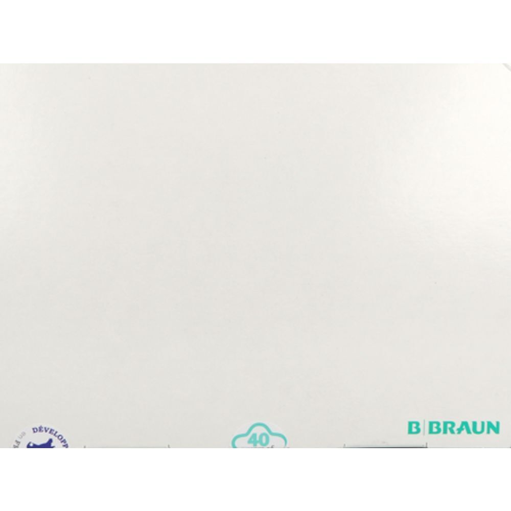 Emballage blanc avec logo B. Braun et détails bleus. Un petit aperçu est visible en haut à droite.