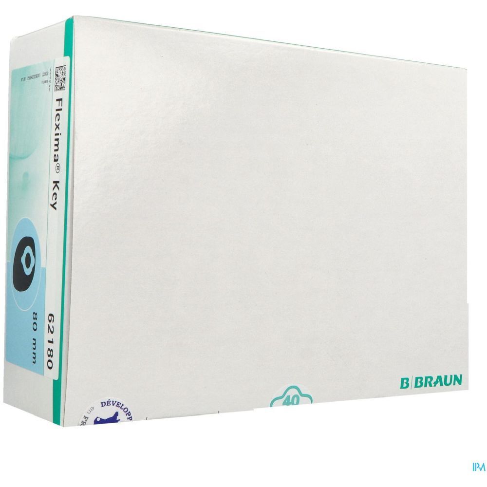 Emballage blanc avec inscription Flexima Key, 80 mm. Logo B. Braun en bas à droite. Accents verts.