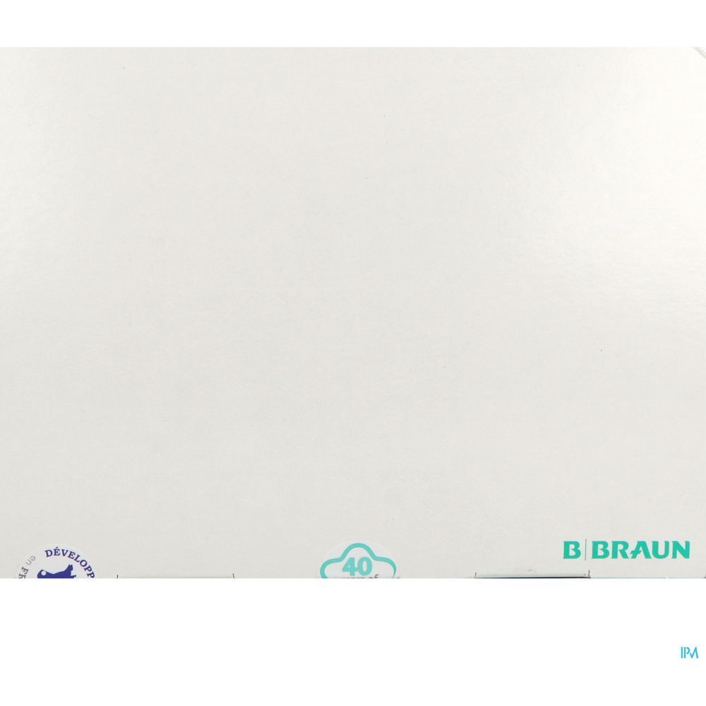 Emballage blanc avec logo B. Braun et détails bleus. Un petit aperçu est visible en haut à droite.