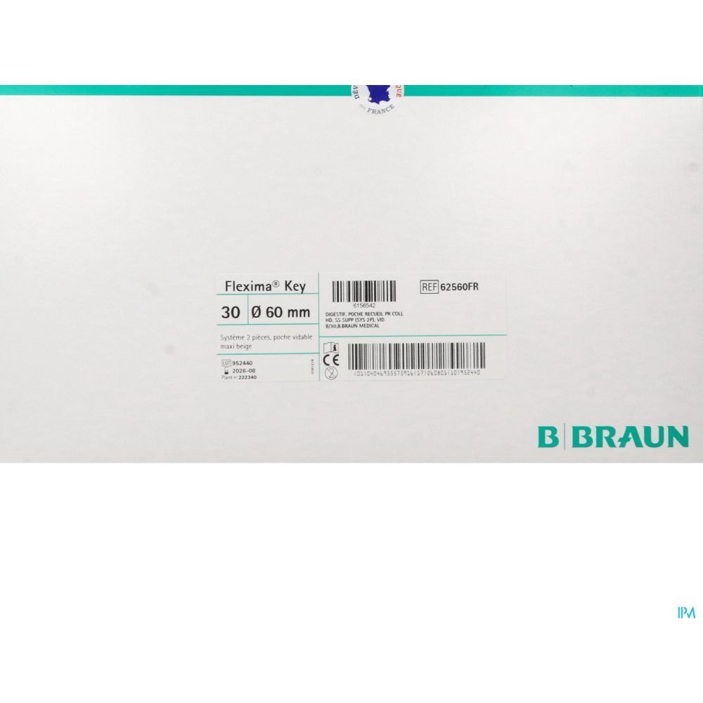 Emballage avec informations produit: Flexima Key, 30 Ø 60 mm, logo B BRAUN. Texte et codes.