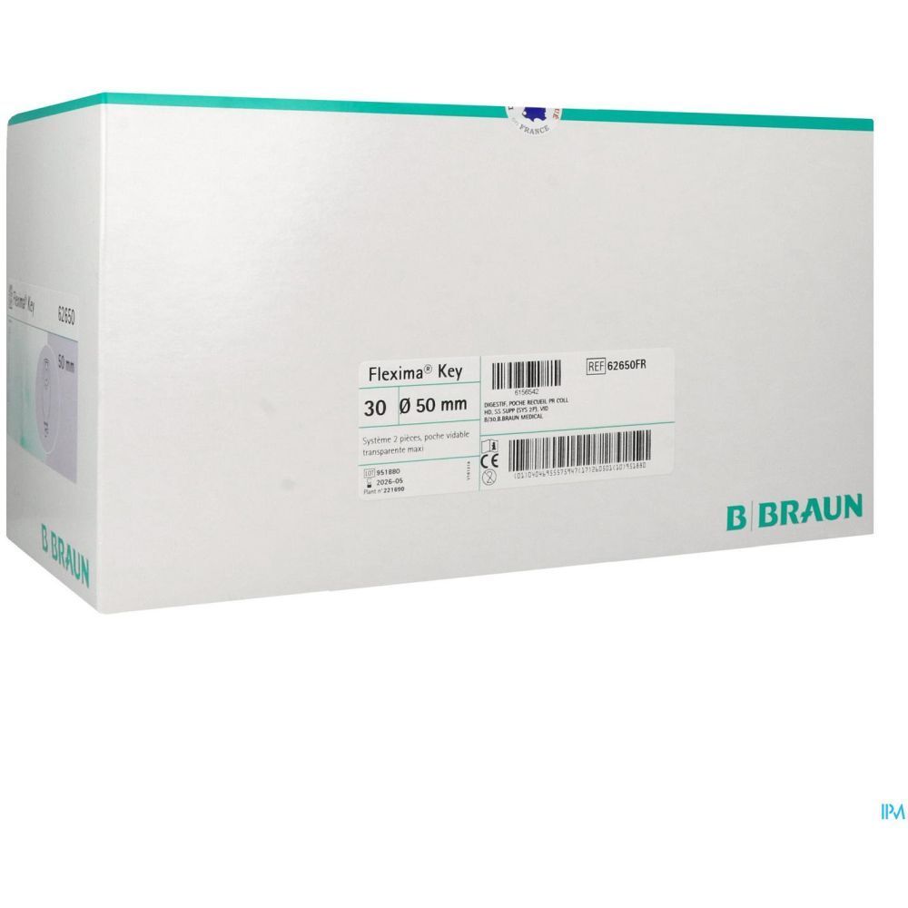 Emballage Flexima Key. Inscription: 30 Ø 50 mm, poche transparente. Logo B. Braun.
