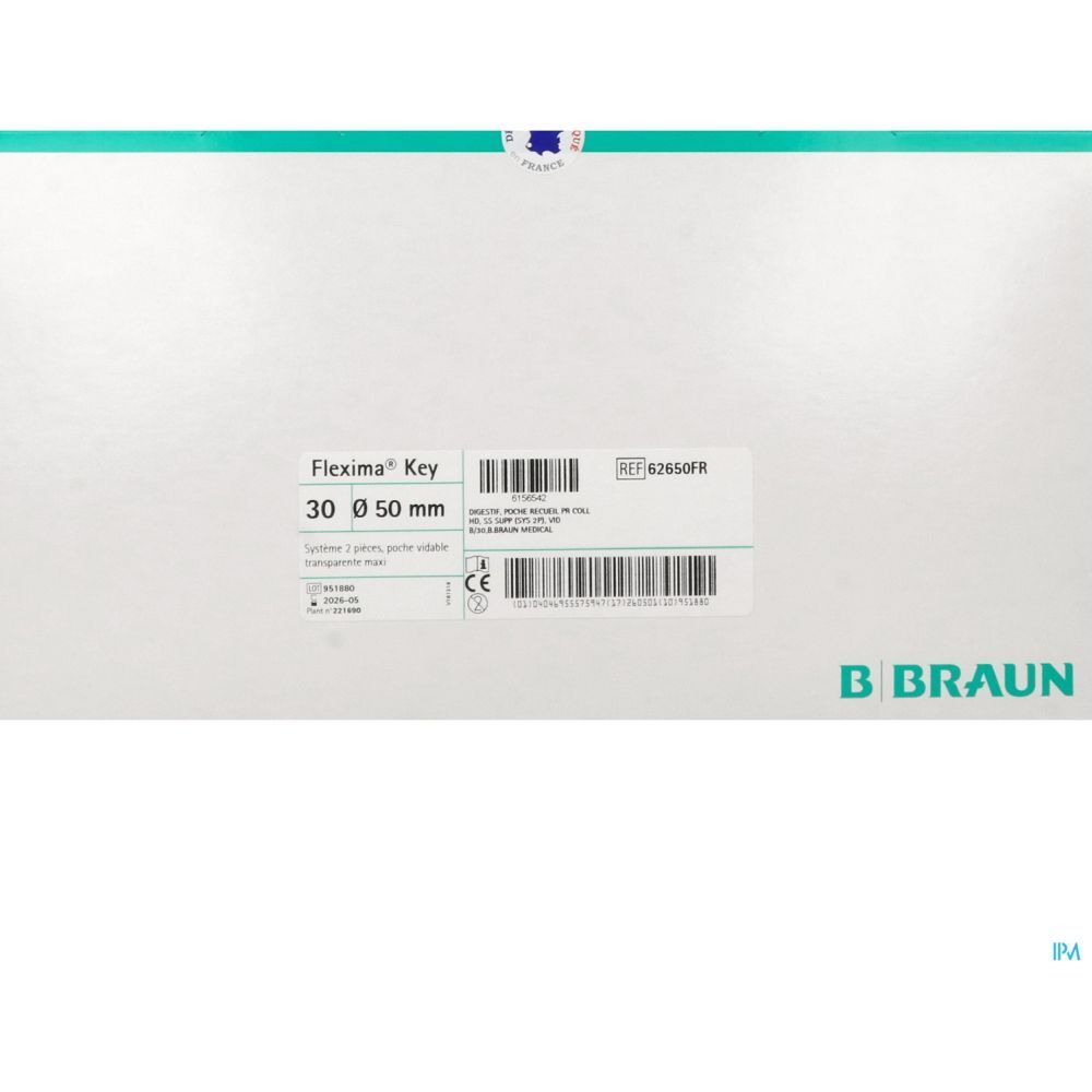 Emballage Flexima Key. Inscription: 30 Ø 50 mm, poche transparente. Logo B. Braun.
