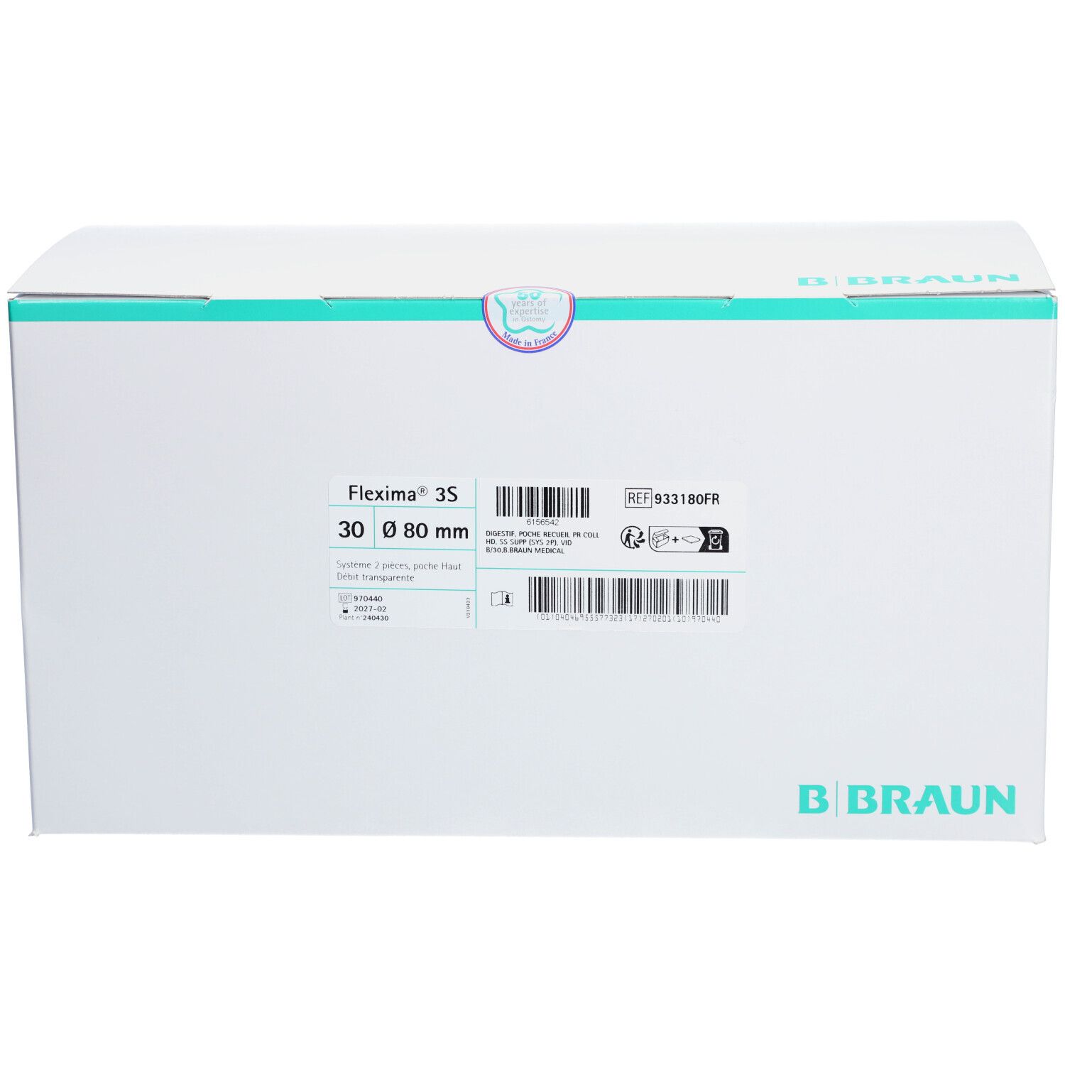 Boîte blanche avec informations produit. Flexima 3S, 30 Ø 80 mm. Logo B. Braun en bas à droite.