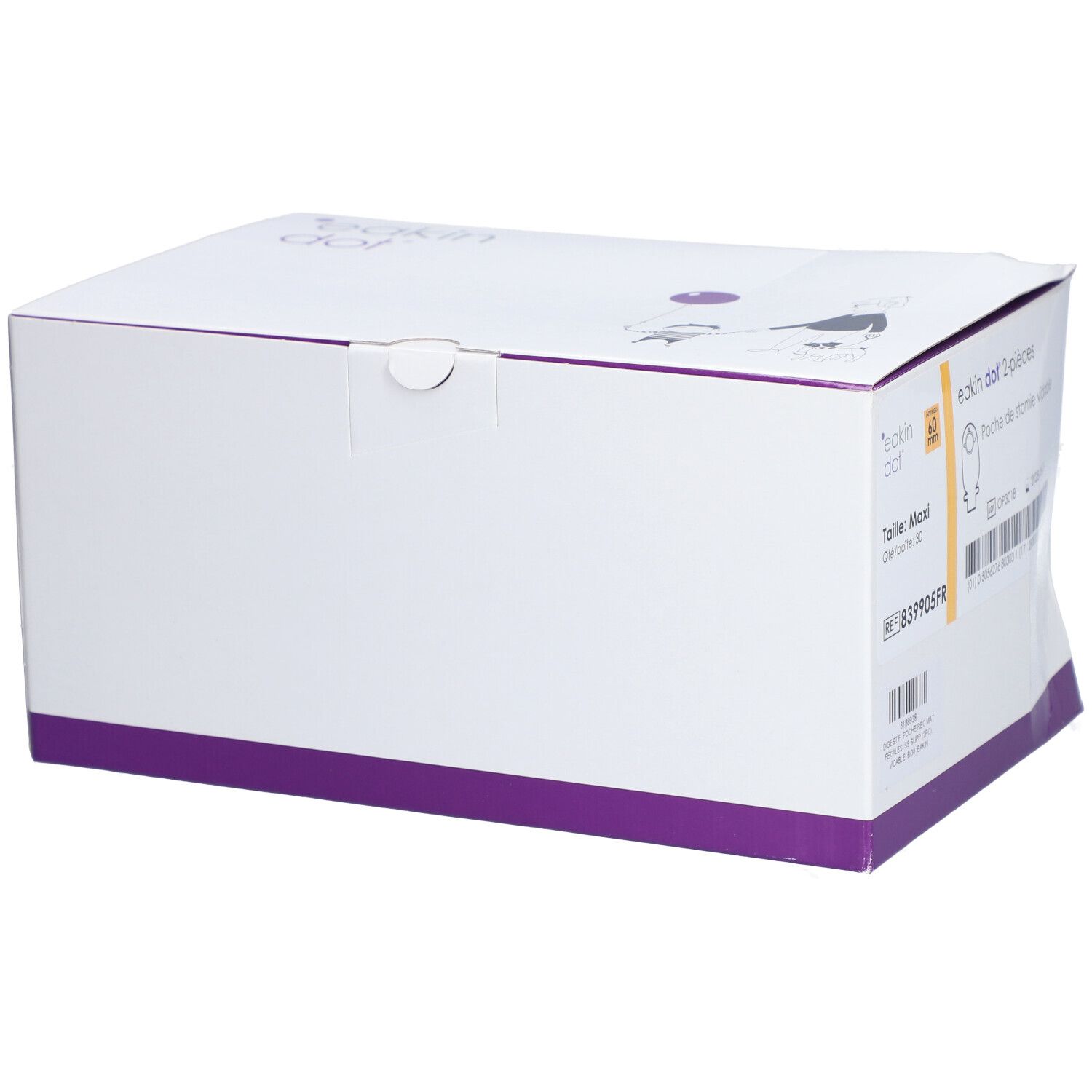 Boîte blanche avec accents violets. Sur le côté : Eakin dot 2-pièces, Maxi. Fermée par un rabat.