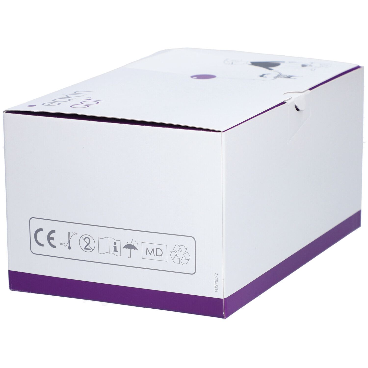 Boîte blanche avec accents violets. Dos avec marquage CE, symboles de précaution et de recyclage.