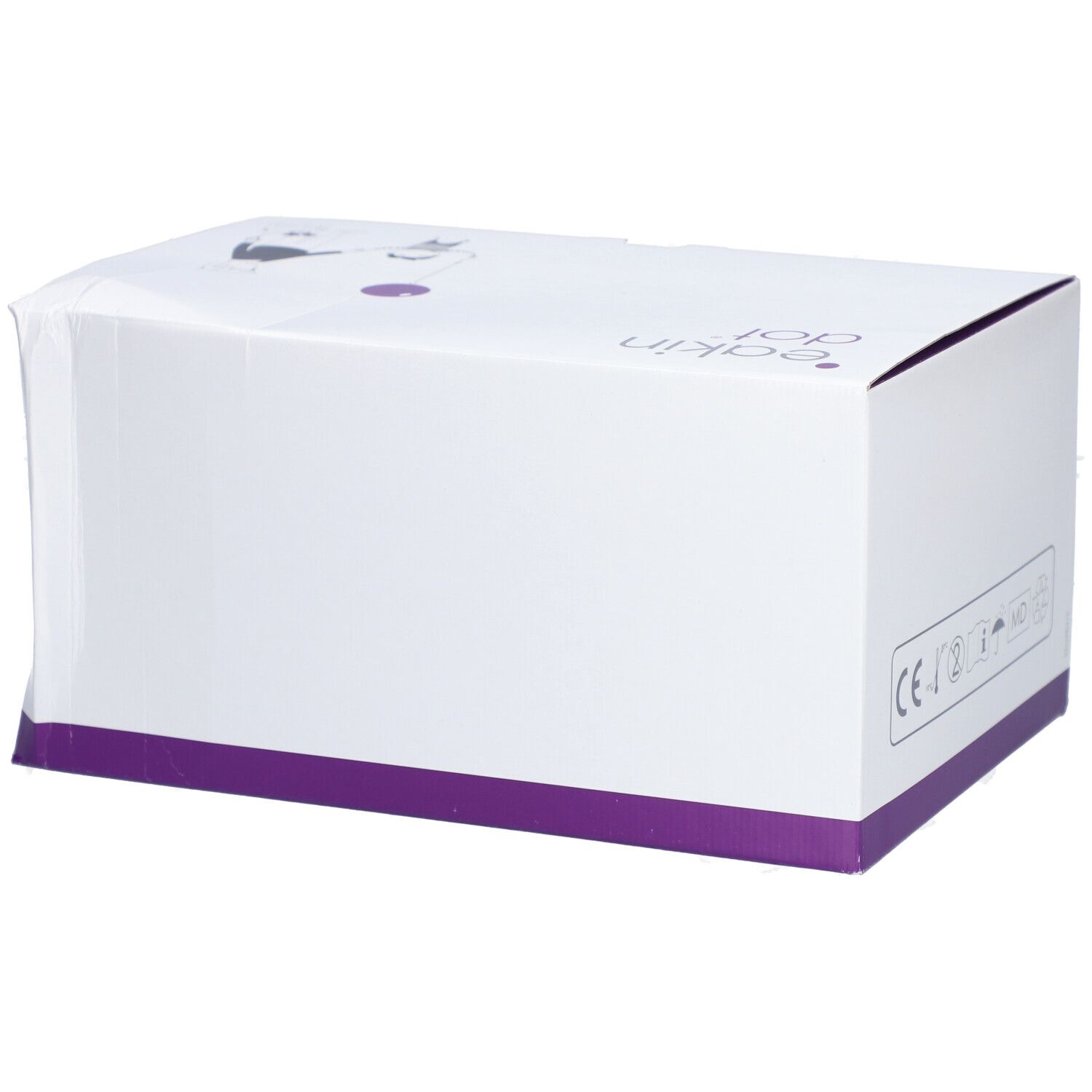 Boîte blanche avec accents violets. Côté avec marquage CE. Partiellement ouverte.