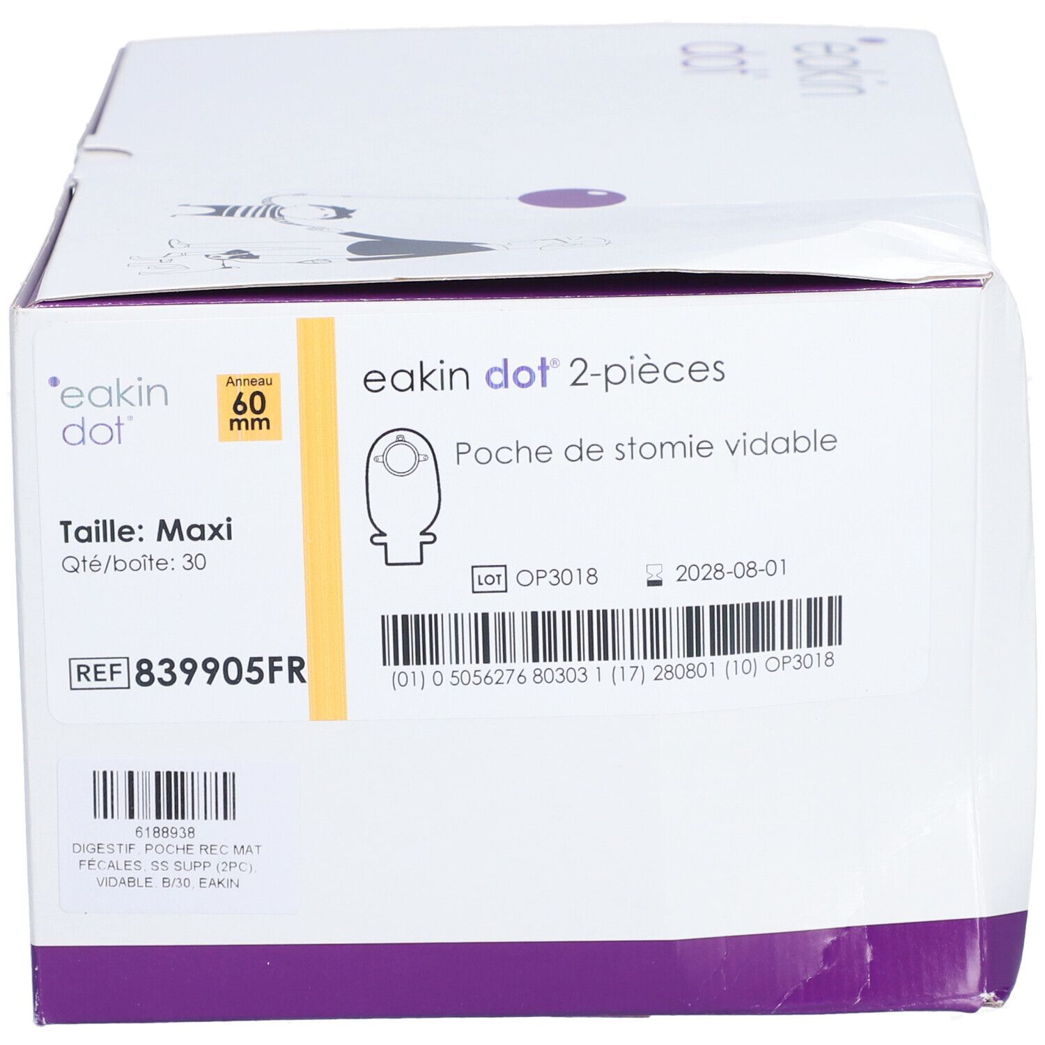 Boîte blanche avec accents violets. Inscriptions : Eakin dot 2-pièces, Maxi, anneau 60 mm. Illustration et informations.