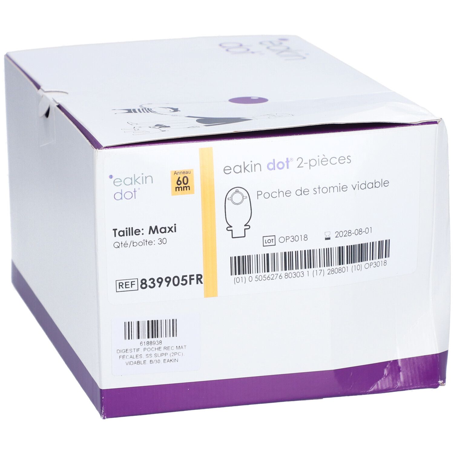 Boîte blanche avec accents violets. Inscriptions : Eakin dot 2-pièces, Maxi, anneau 60 mm. Illustration et informations.