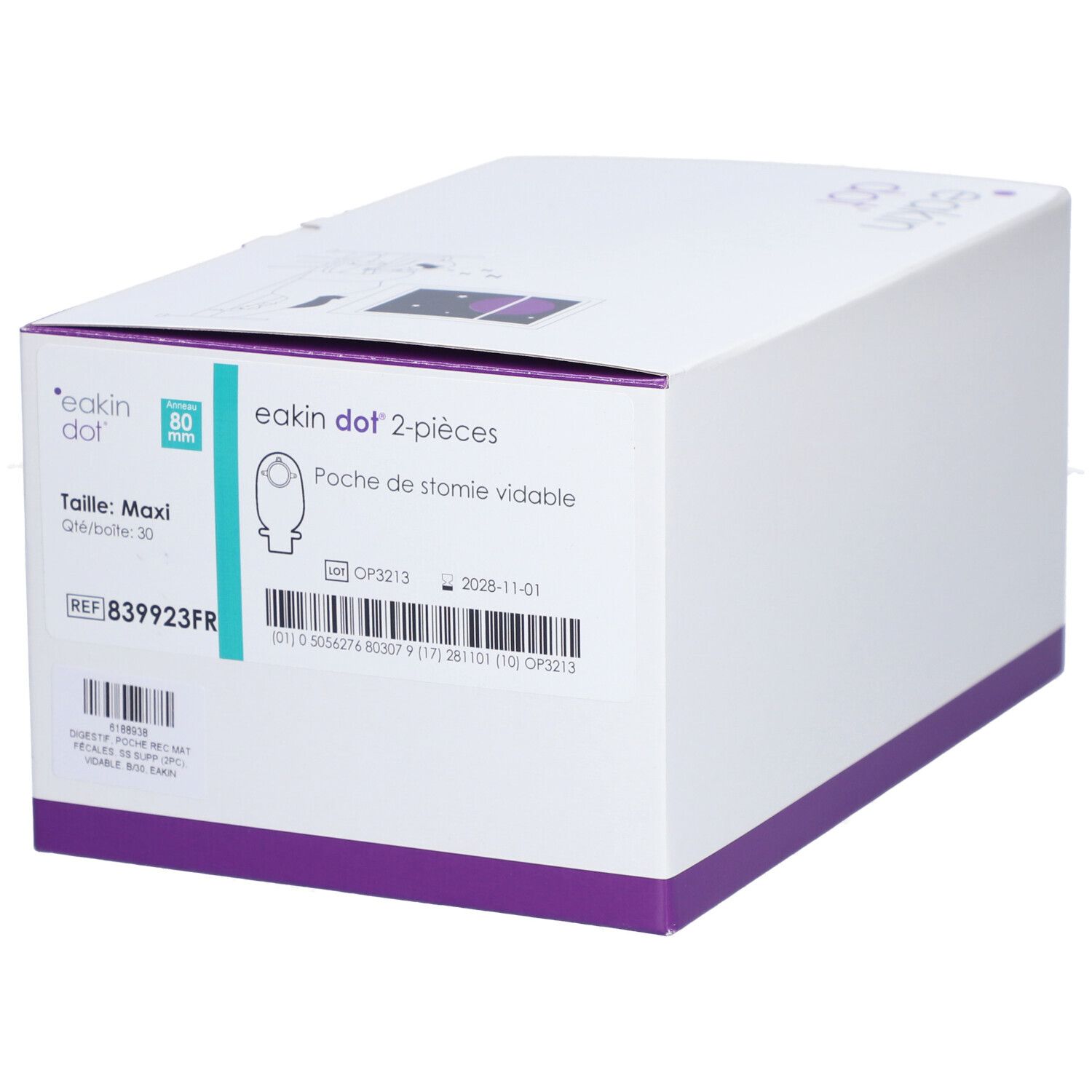 Boîte blanche avec accents violets. Inscriptions: eakin dot 2-pièces, Maxi, 80 mm. Illustration et numéro de référence.