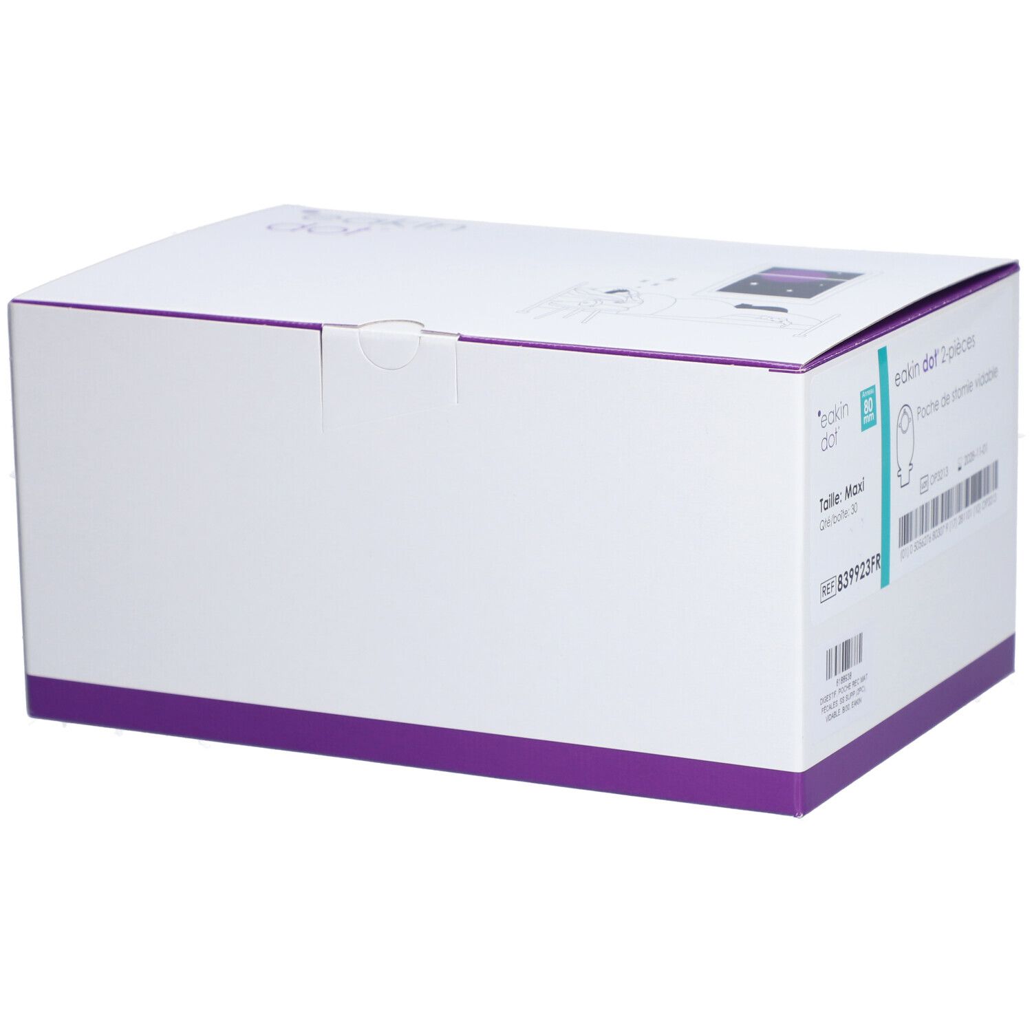 Boîte blanche avec accents violets. Inscriptions: eakin dot 2-pièces, Maxi, 80 mm. Vue latérale de l'emballage.
