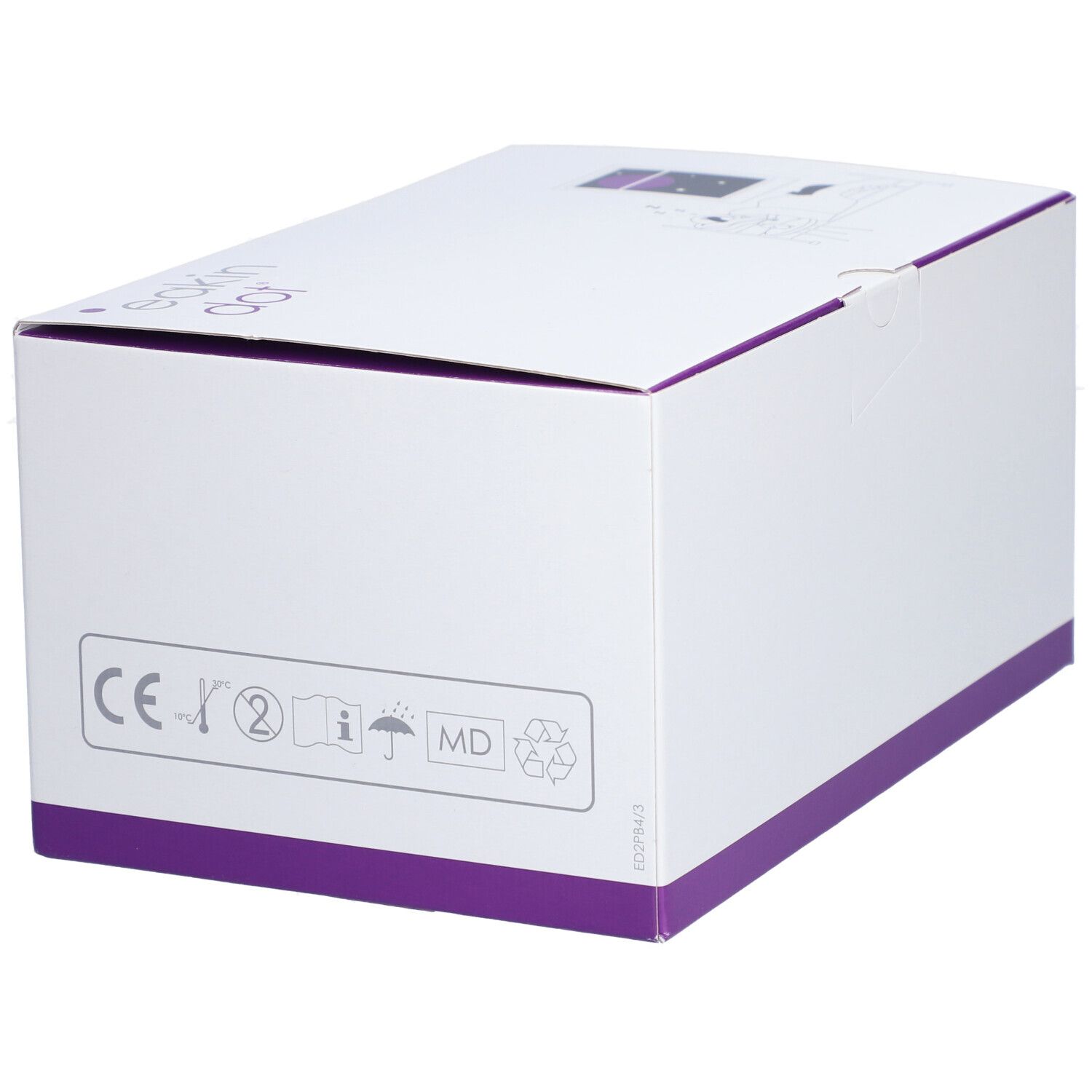 Boîte blanche avec accents violets. Symboles et marquages sur le dessous.