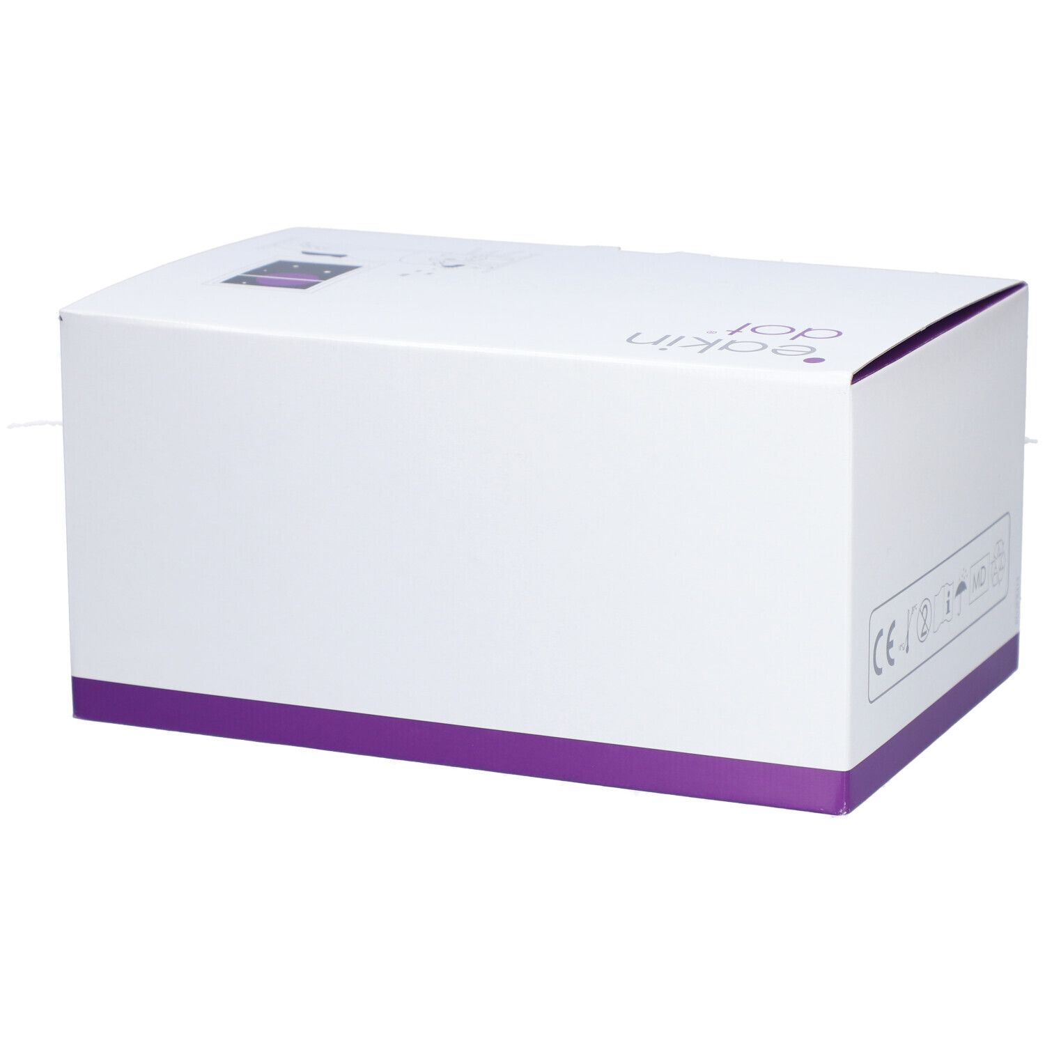 Boîte blanche avec accents violets. Inscription: eakin dot. Vue latérale de l'emballage.