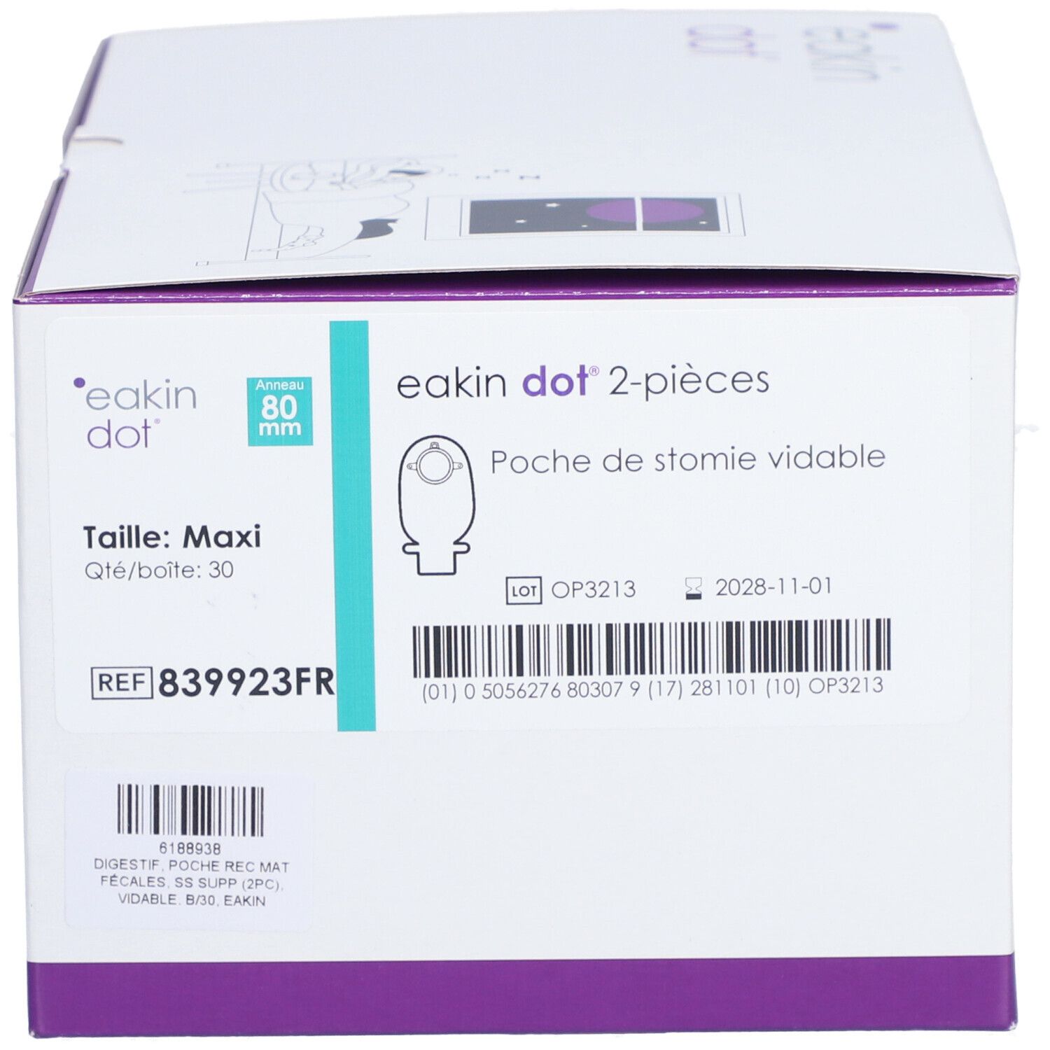 Boîte blanche avec accents violets. Inscriptions: eakin dot 2-pièces, Maxi, 80 mm. Illustration et numéro de référence.