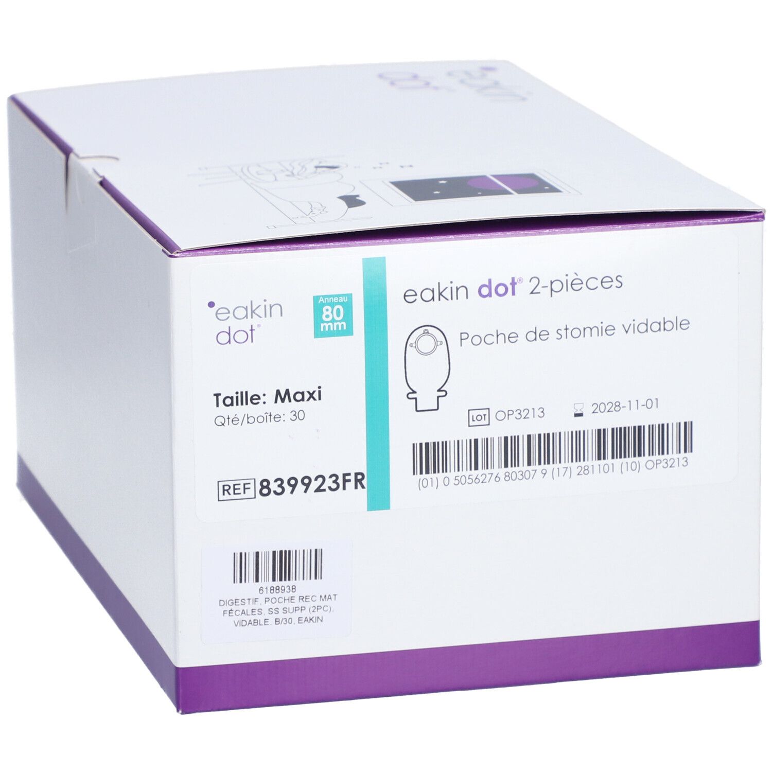 Boîte blanche avec accents violets. Inscriptions: eakin dot 2-pièces, Maxi, 80 mm. Illustration et numéro de référence.