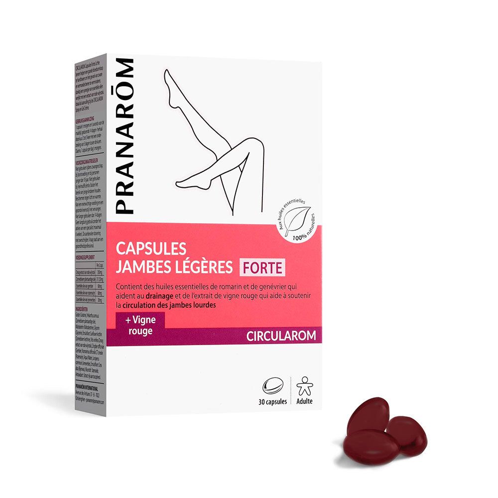 Boîte de PRANAROM Circularom Capsules. Capsules rouges à côté. Inscription: Capsules Jambes Légères Forte, + Vigne rouge.