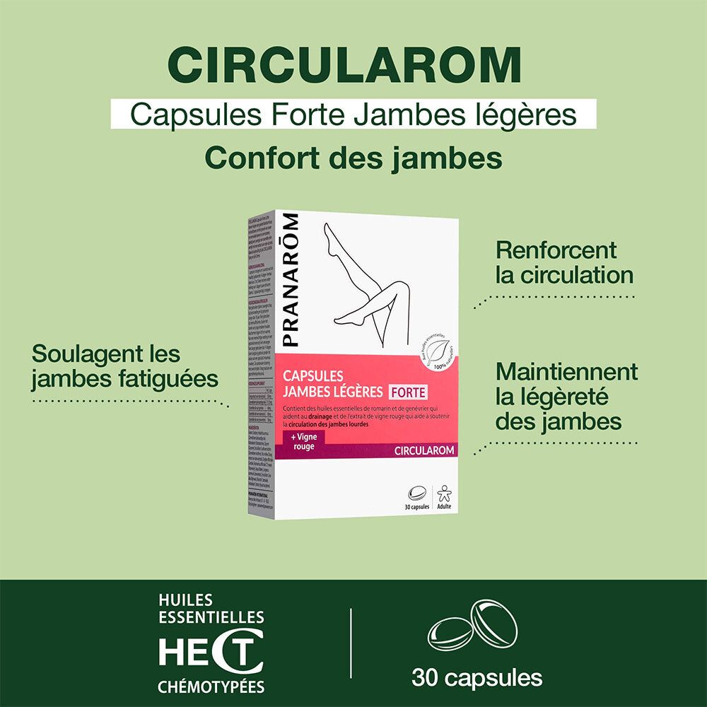 Visuel publicitaire avec PRANAROM Circularom Capsules. Texte: Confort des jambes, Soulagent les jambes fatiguées, Renforcent la circulation.