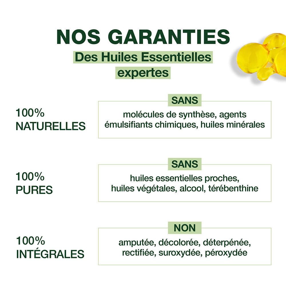 Tableau texte : Huiles essentielles 100% naturelles, pures et intégrales. Sans molécules synthétiques, sans alcool, sans térébenthine.