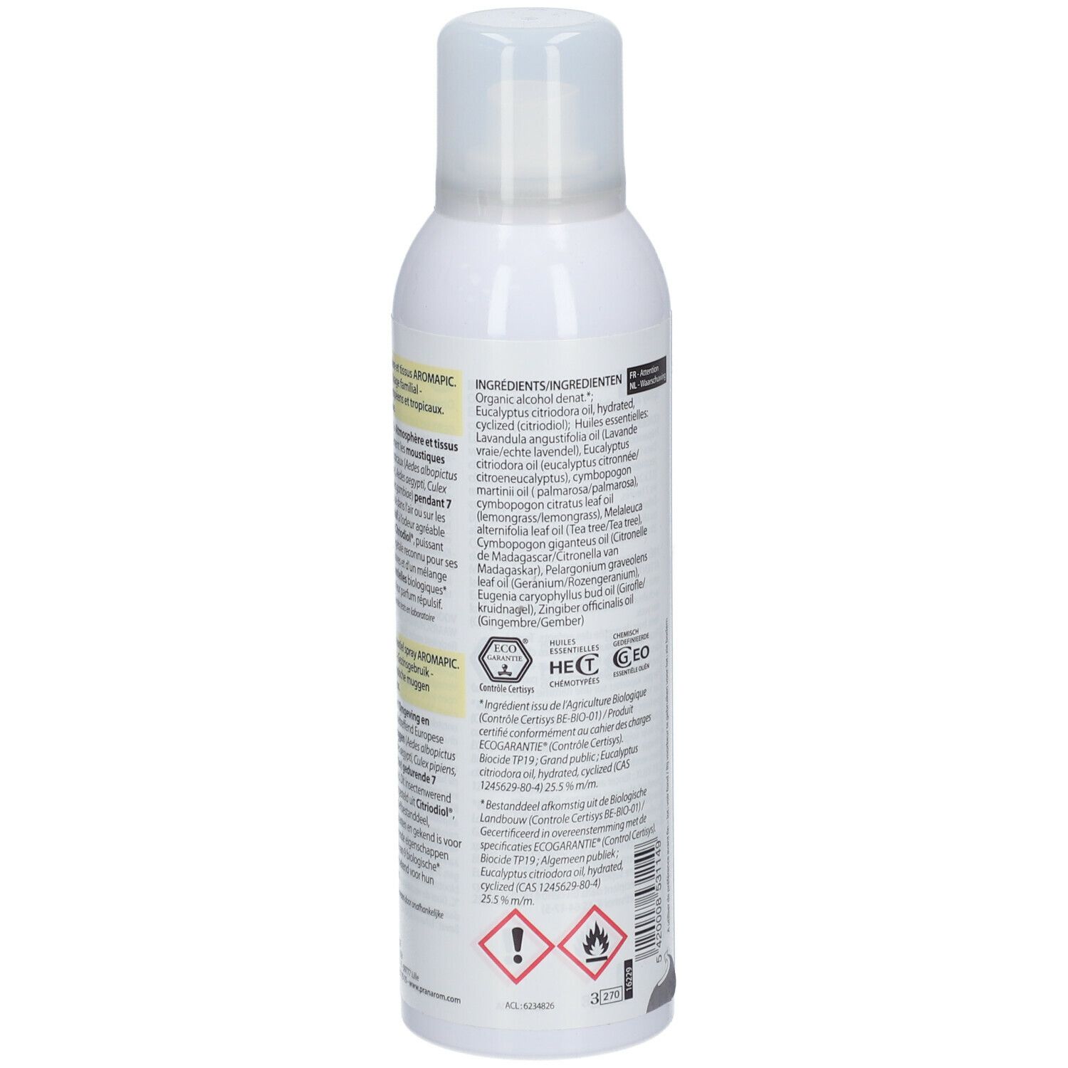 Dos du spray blanc. Texte avec ingrédients et avertissements. Logo de garantie ECO.