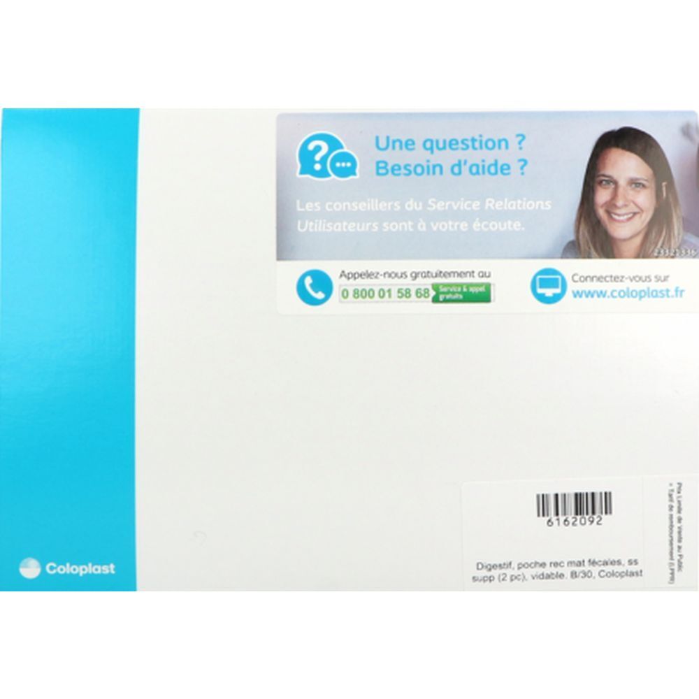 Emballage blanc avec bande bleue. Logo Coloplast en bas à gauche. Texte et coordonnées en haut. Numéro de référence en bas à droite.