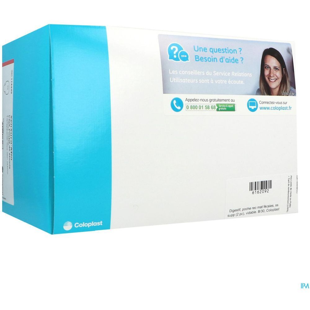 Boîte blanche et bleue. Logo Coloplast. Texte : "Une question ? Besoin d'aide ?" et informations de contact.